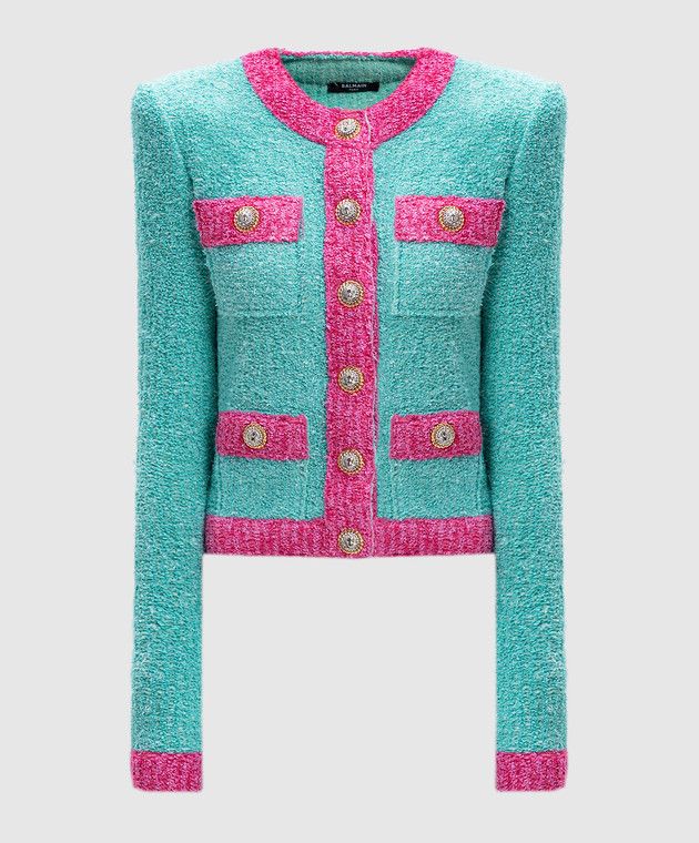 Balmain o1y0625 Cardigan in Green/Pink Size L / US 10 / IT 46 - 1 Thumbnail