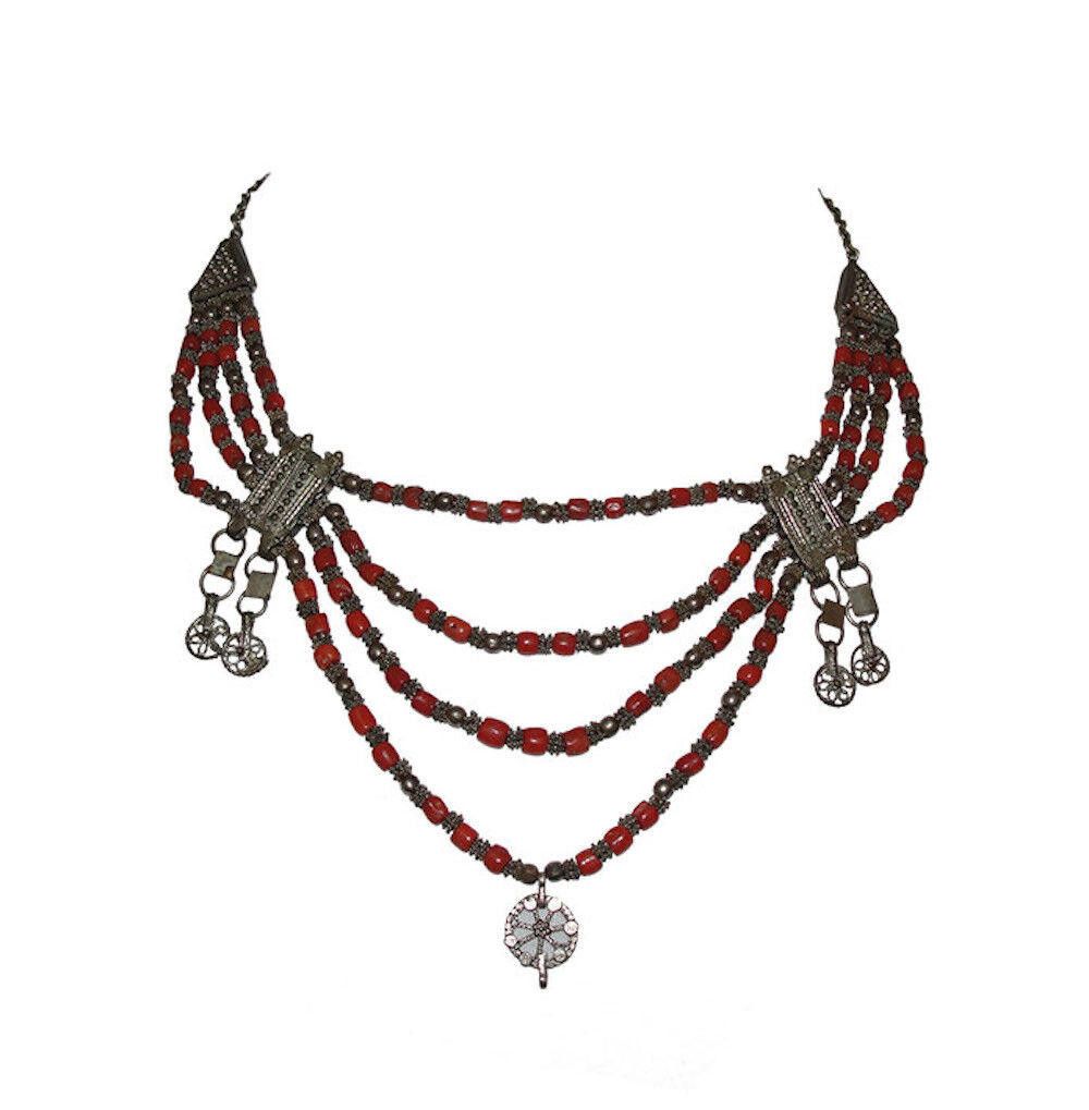 Designer Yemenite Necklace Silver Filigree Mediterranean Red Bead Size ONE SIZE - 1 Thumbnail