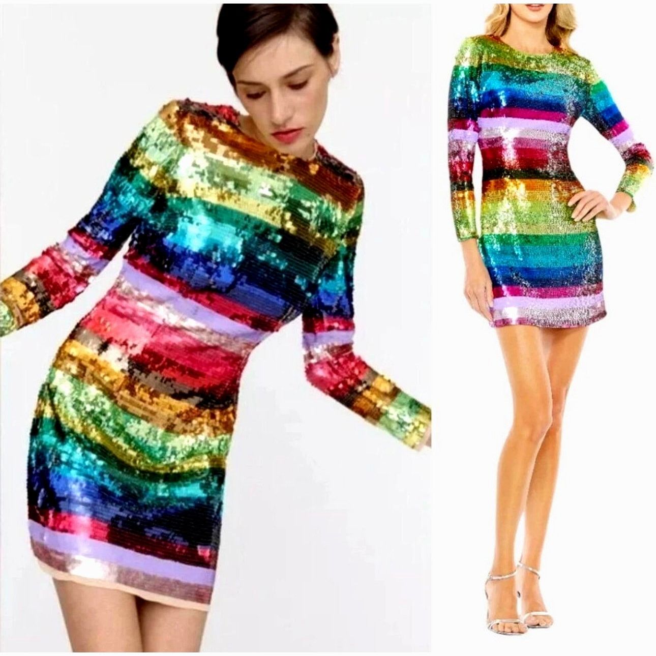 Other Mac Duggal Rainbow Sequin Mini Long Sleeve Dress Pride 6 Size M / US 6-8 / IT 42-44 - 2 Thumbnail
