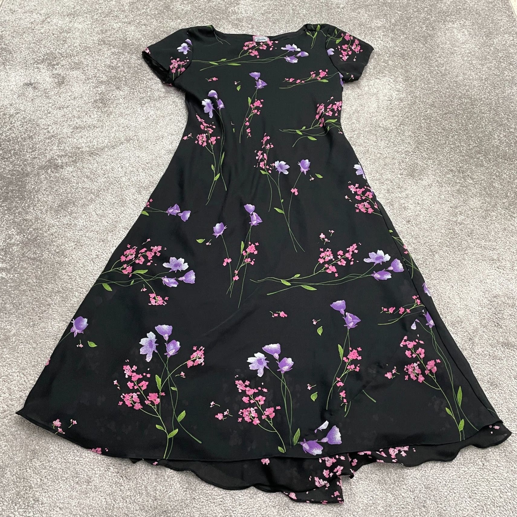 Vintage Premier Midi Maxi A-Line Dress Womens M Black Floral Short Sleeve Chiffon Size 32" / US 10 / IT 46 - 2 Thumbnail