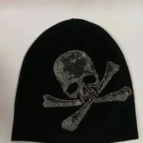 Other Gothic Black Skull Rhinestone Knitted Beanie Hats Size ONE SIZE - 3 Thumbnail