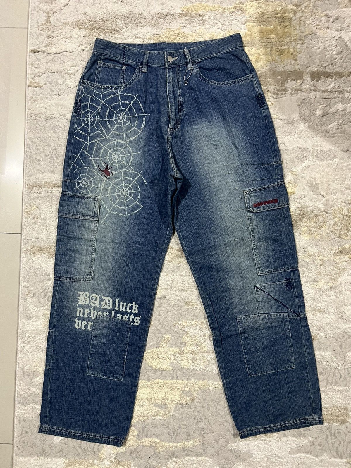Dig Deep Y2K Dip Deep Japan Spider Web Parachute Baggy Jeans Denim Size US 32 / EU 48 - 2 Thumbnail