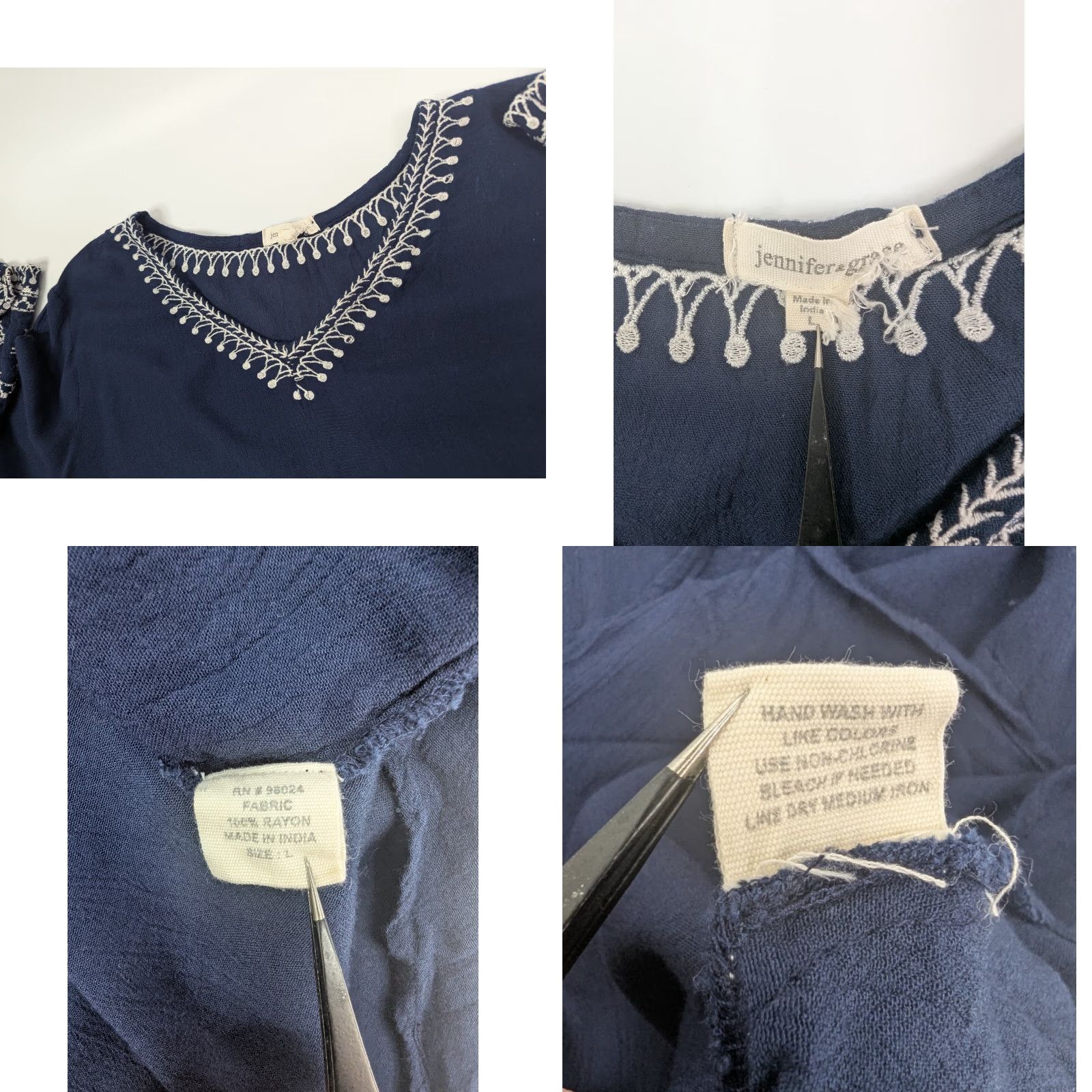 Vintage Jennifer & Grace Women Shirt L Navy V-Neck 3/4 Sleeve Rayon Blouse Size L / US 10 / IT 46 - 8 Thumbnail