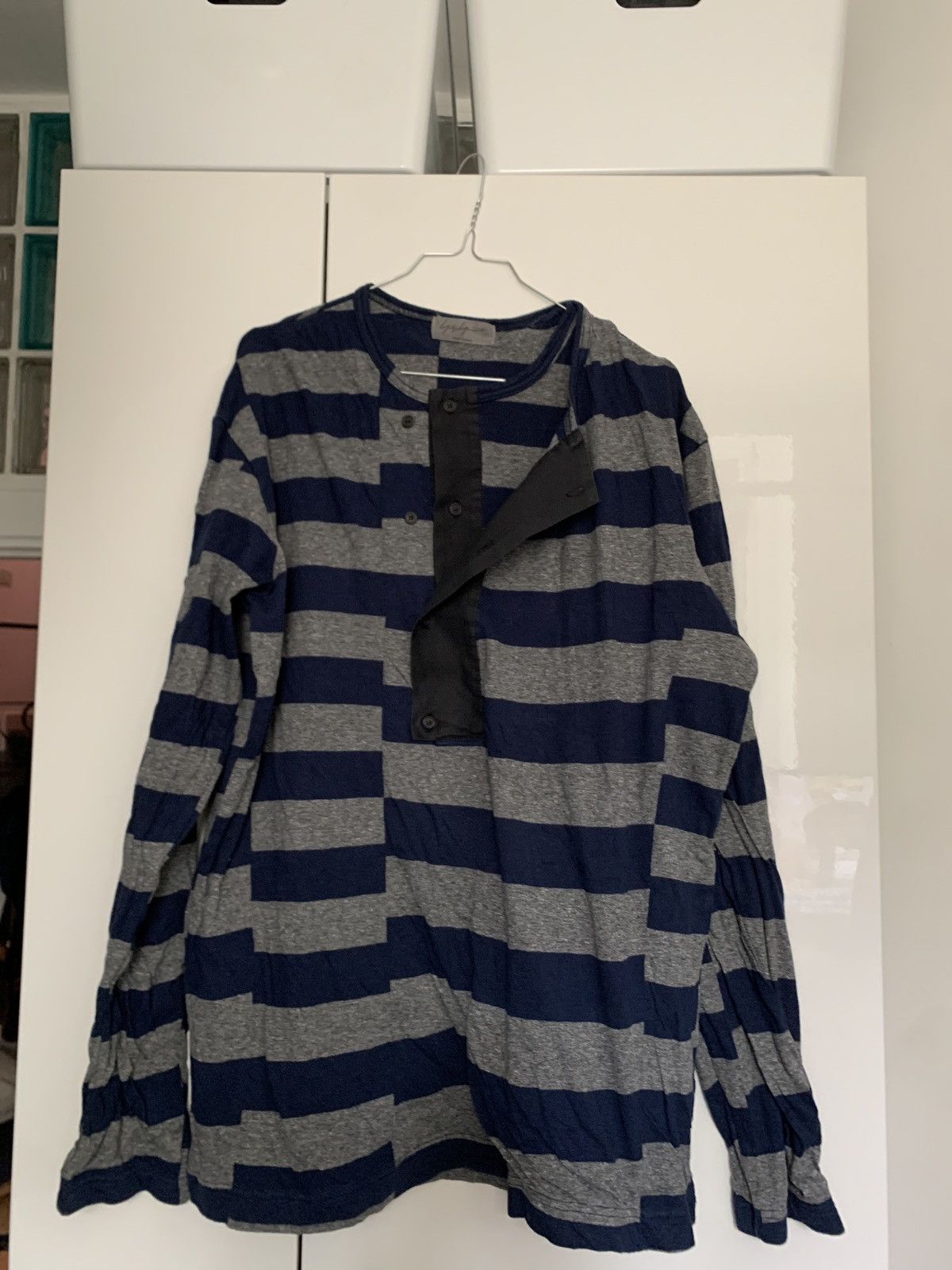 image of Yohji Yamamoto Twisted Serafino Tshirt in Blue Gray, Men's (Size Large)