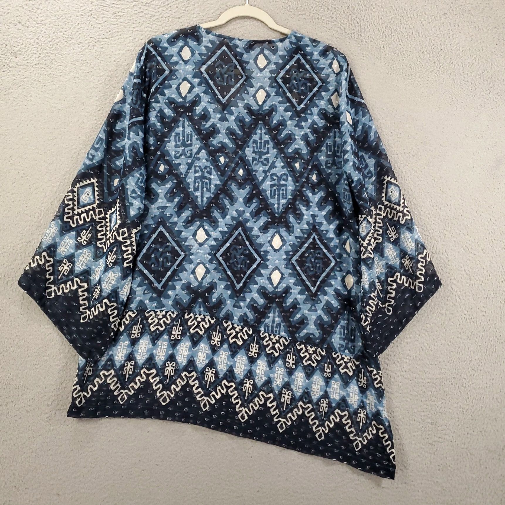 Vintage Multiples Blouse Womens XL Blue Geometric Asymmetric Hem Bell Sleeve Sheer Tunic Size XL / US 12-14 / IT 48-50 - 7 Thumbnail