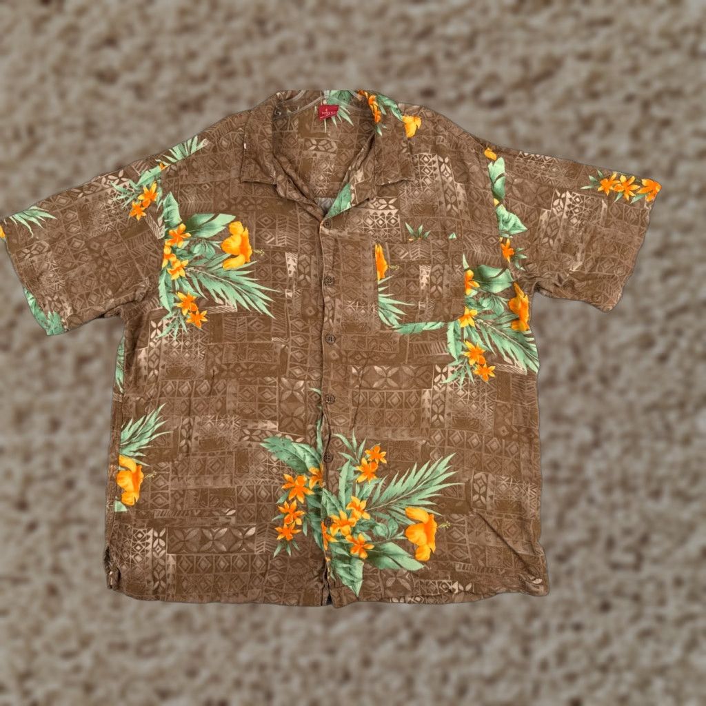 Vintage Junction West Button-Up Shirt Adults 2XL Brown Floral Tile Rayon Hawaiian Men's Size US XXL / EU 58 / 5 - 1 Thumbnail