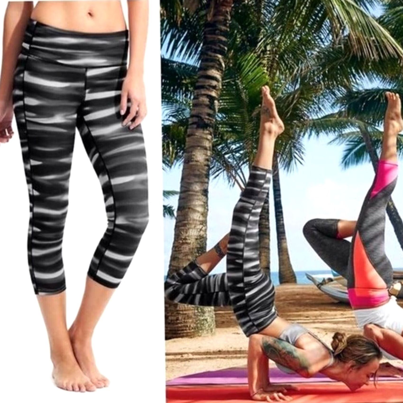 Athleta Athleta Chaturanga Capri Leggings Small Black White Striped High Rise H2O Size 28" / US 6 / IT 42 - 2 Thumbnail
