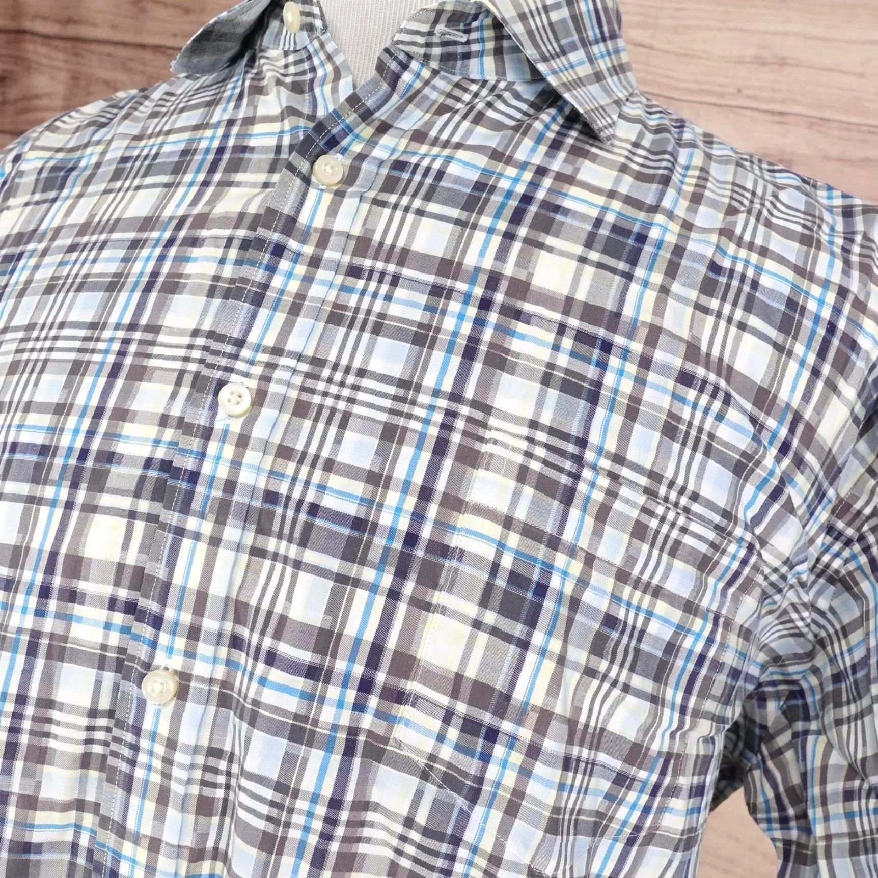Vintage Thomas Dean Shirt Mens 2XL Gray Blue Plaid Short Sleeve Button Up Pima Cotton Embroidered Size US XXL / EU 58 / 5 - 2 Thumbnail