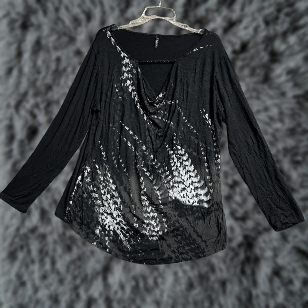 Vintage Avant Garde Edlista Blouse Womens 1X Plus Long Sleeve Black Abstract Draped Whimsigoth Fairy Grunge Y2K Size XL / US 12-14 / IT 48-50 - 1 Thumbnail