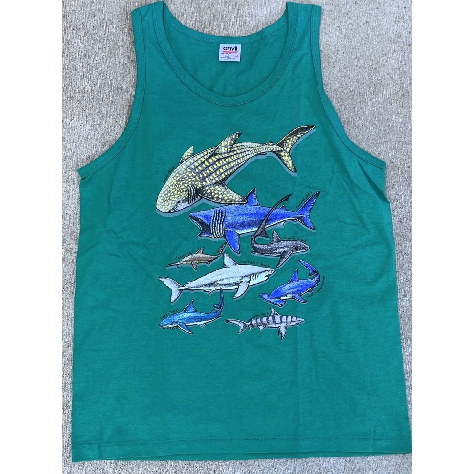 Anvil VINTAGE Shark Sharks Tank Top Made In USA M Medium Green 1990s Graphic Tee Mens Size US M / EU 48-50 / 2 - 5 Thumbnail