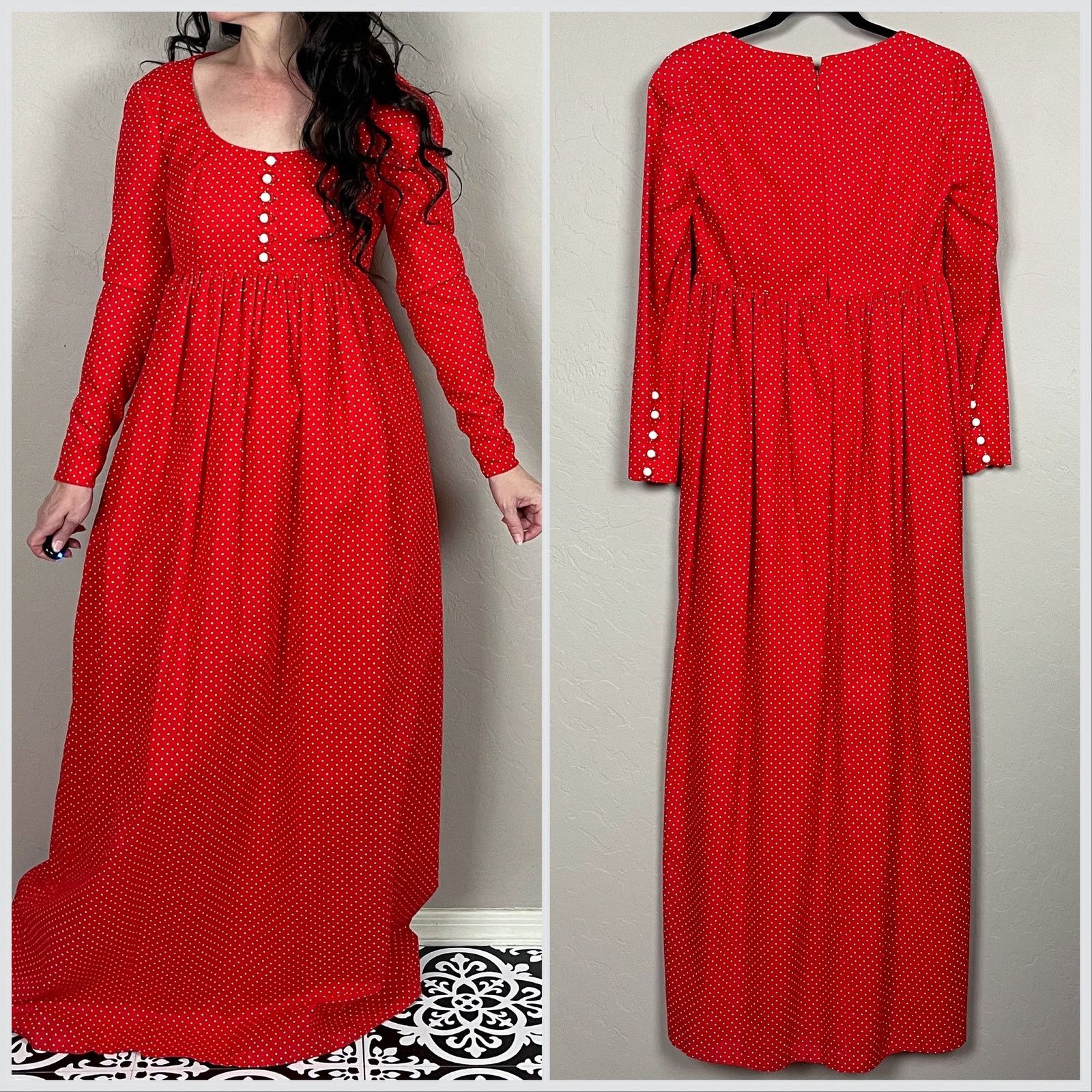 Vintage Vintage 1970s Red & White Polka Dot Long Sleeve Maxi Dress Size XXS / US 00 / IT 34 - 3 Thumbnail