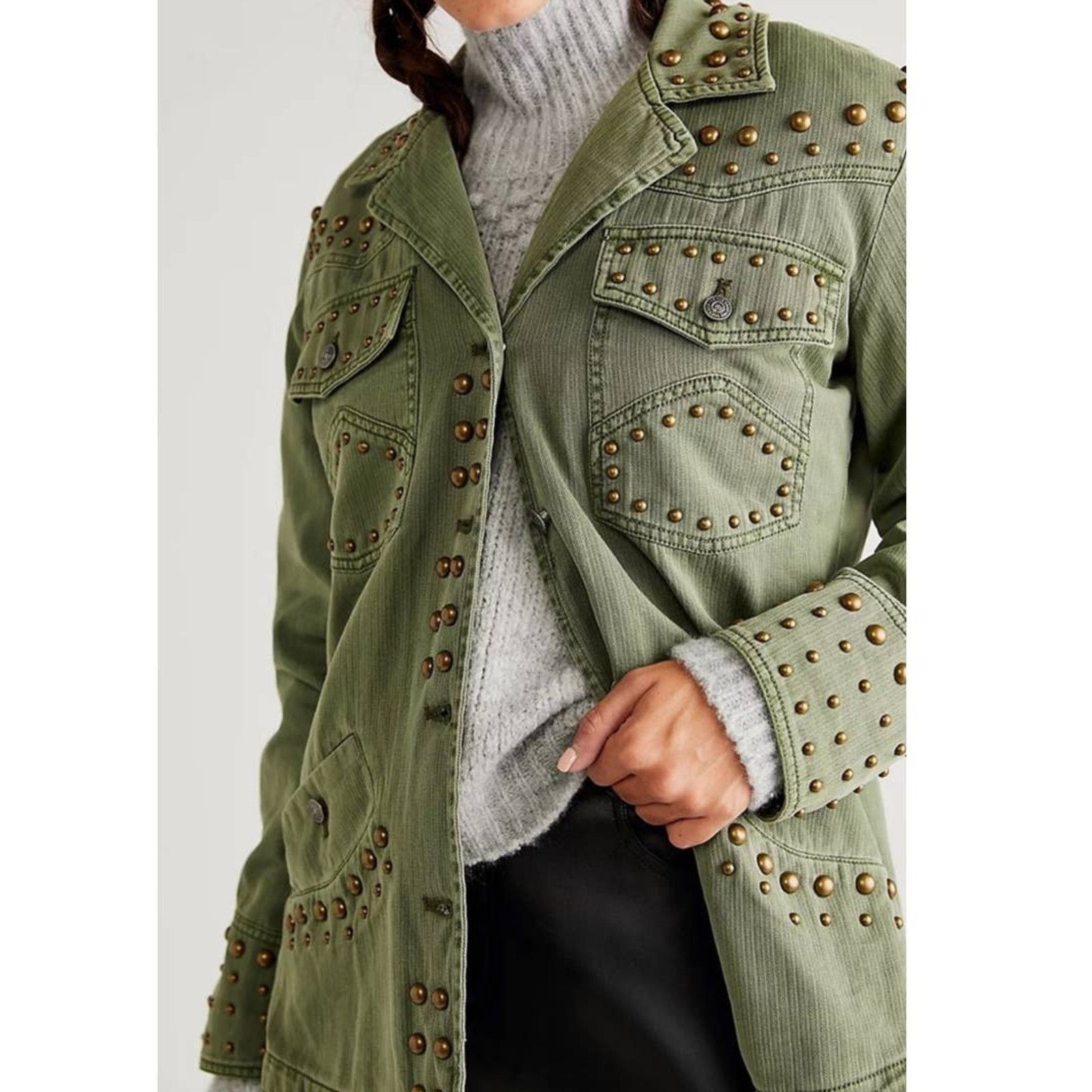 Free People WTF Rock and Stud Shirt Jacket $348 XS 0/2