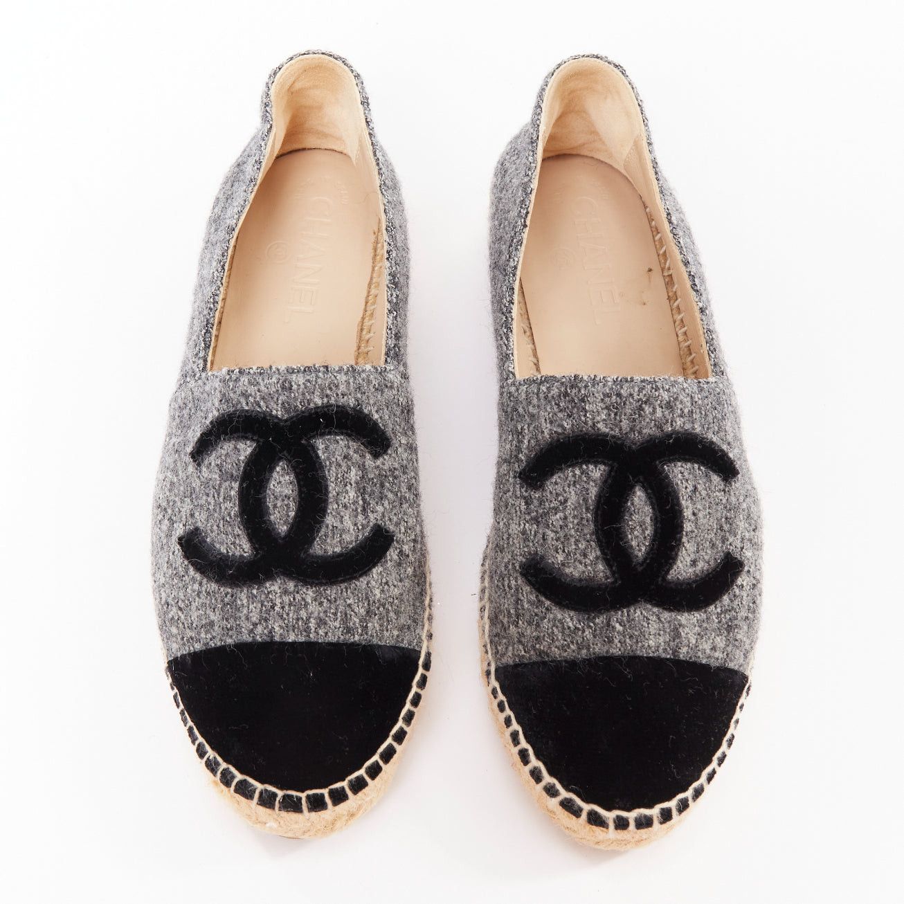 Chanel CHANEL 2021 grey wool felt black CC velvet applique espadrille flats EU39 Size US 9 / IT 39 - 1 Thumbnail
