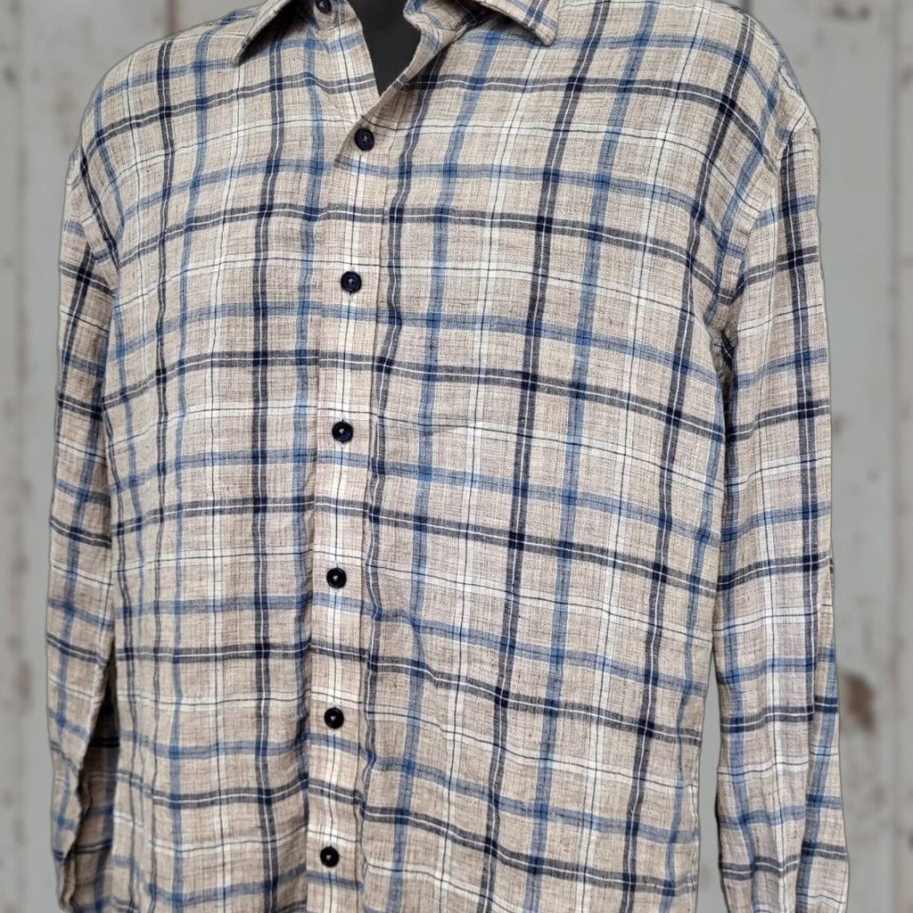 Vintage J. Hilburn Shirt Men's Size L Blue/Tan 100% Linen Button Up Long Sleeve Casual Size US L / EU 52-54 / 3 - 1 Thumbnail