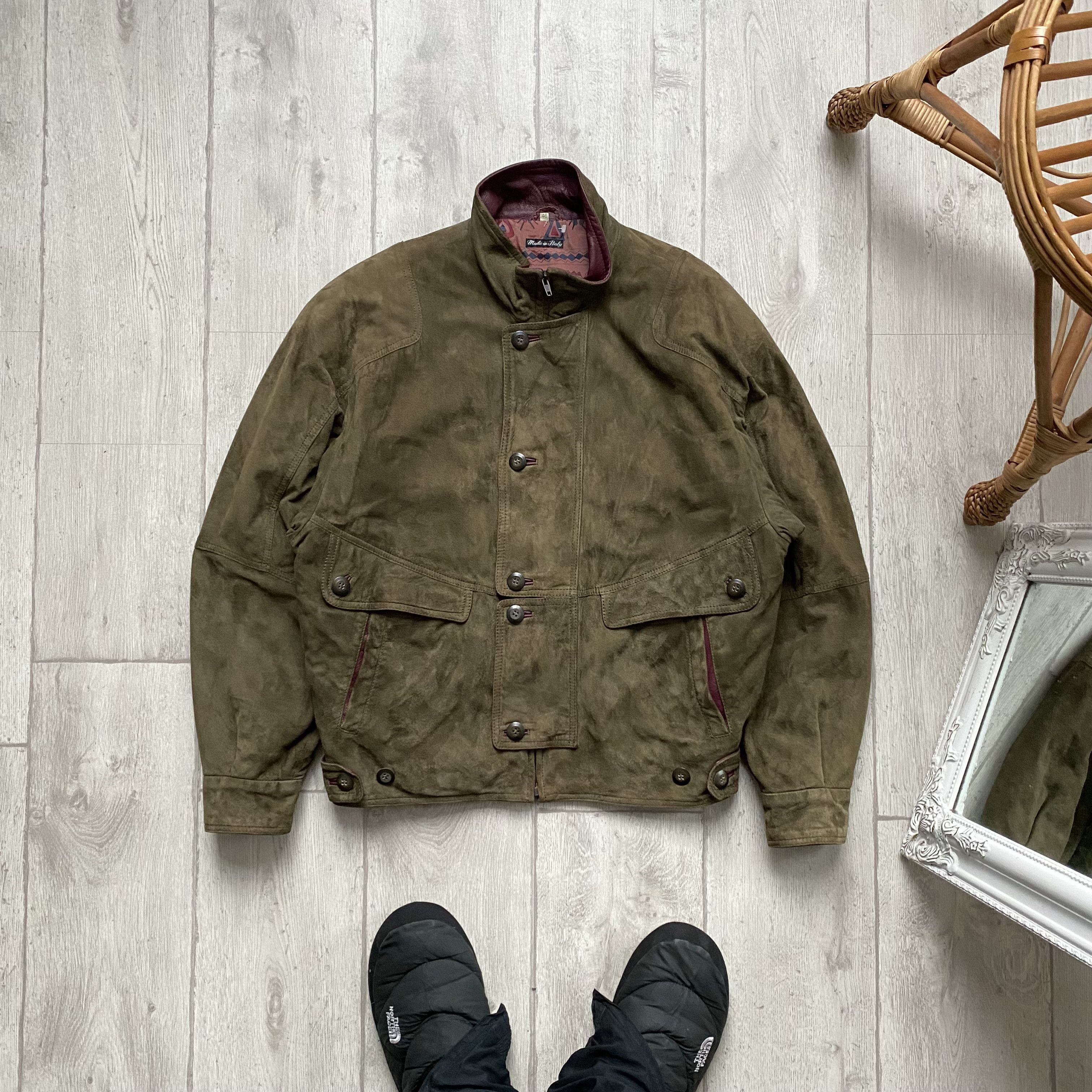 image of Bomber Jacket x Italian Designers 80-90S Vintage Leather Bomber Boxy Jacket Italian Real Suede in K