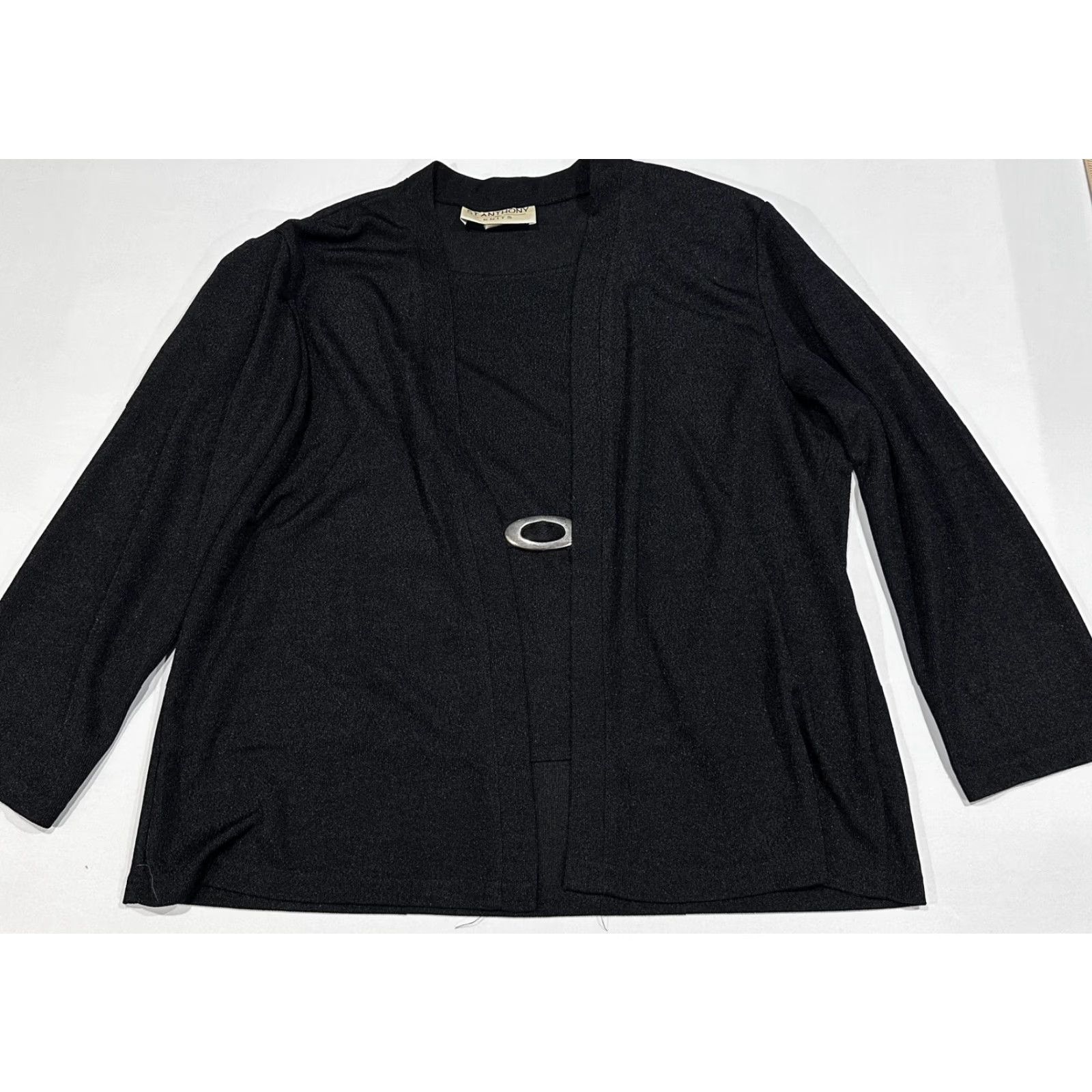 Vintage St Anthony Knits Blouse Plus 24W Black Tunic Long Sleeve Buckle Stretch Layered Shirt Women's Size 4XL / US 24-26 - 2 Thumbnail