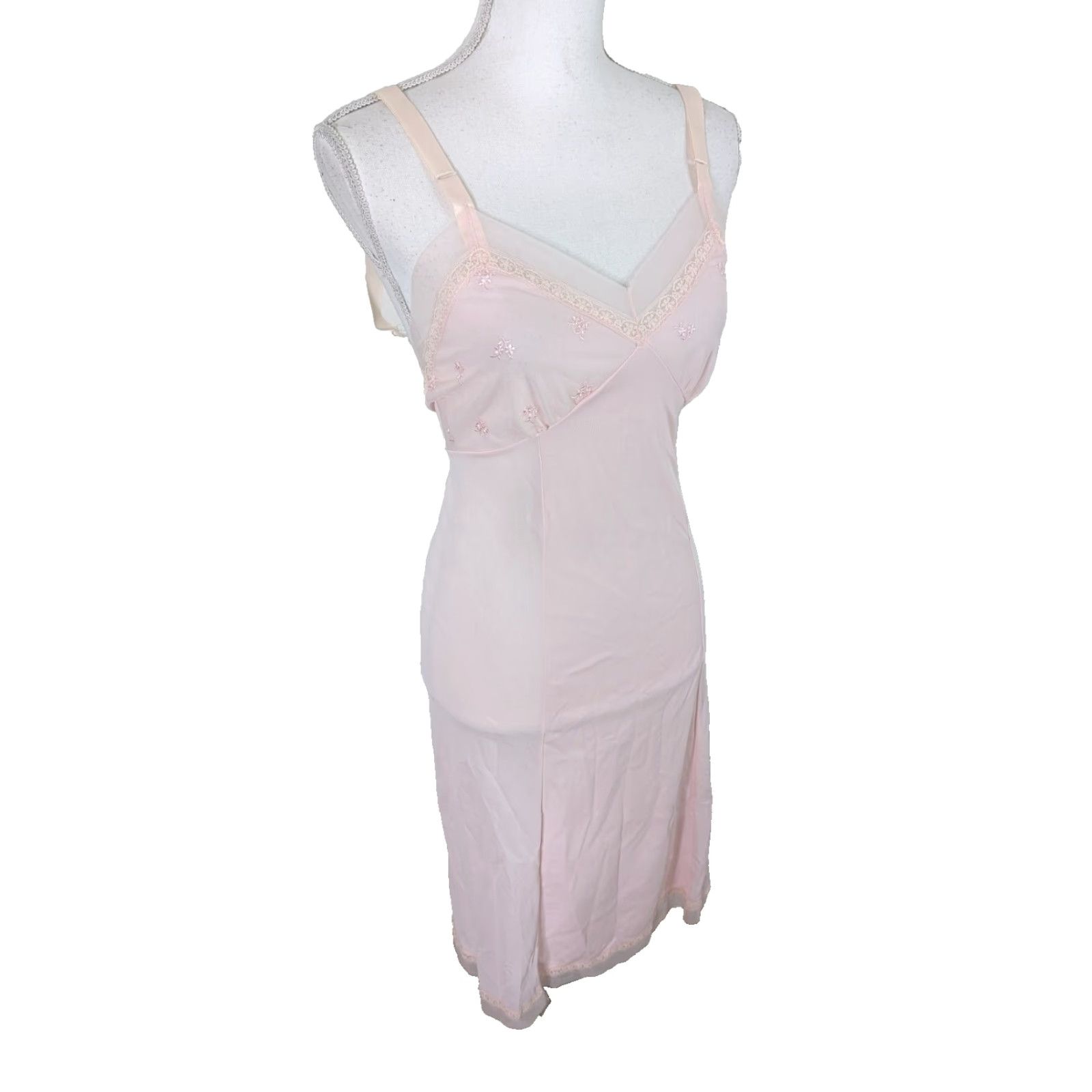 Vintage VINTAGE Pink Full Length Nylon Lingerie Dress Negligee Nightgown 32 D2S Lace, XS Ladies? Size XS / US 0-2 / IT 36-38 - 2 Thumbnail