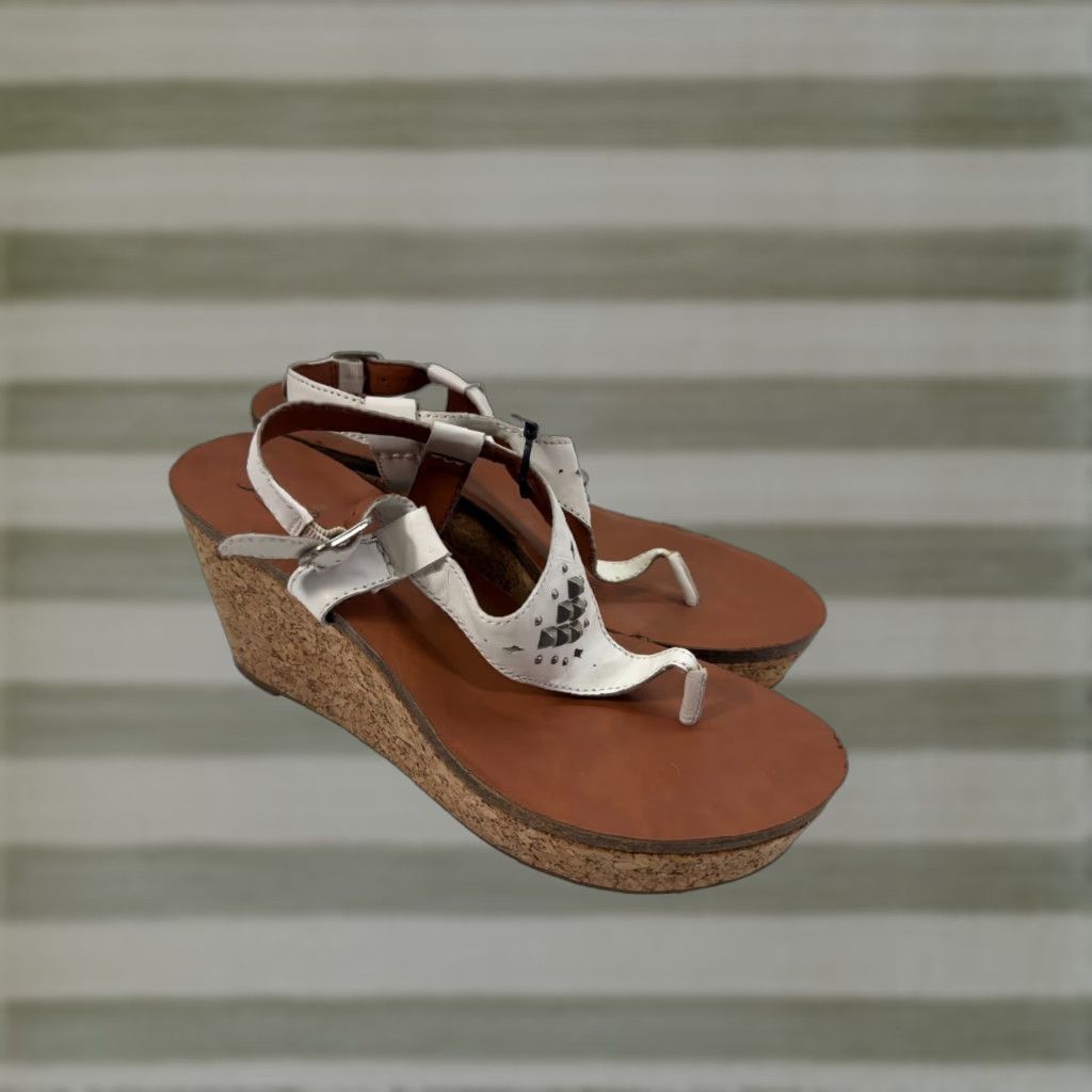 Lucky Brand Lucky Brand Thong Wedge Sandals Womens 9M Brown White Studded Cork Platform Boho Size US 7 / IT 37 - 1 Thumbnail