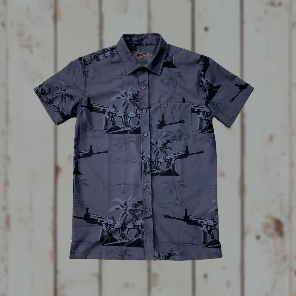 Vintage Retro Rifle Palm AOP Hawaiian Camp Button Up Stretch Shirt Mens XS Grey Floral Short Sleeve Button-Up Casual Travel | Mens | XS | Gray | 90s? Size US XS / EU 42 / 0 - 1 Thumbnail