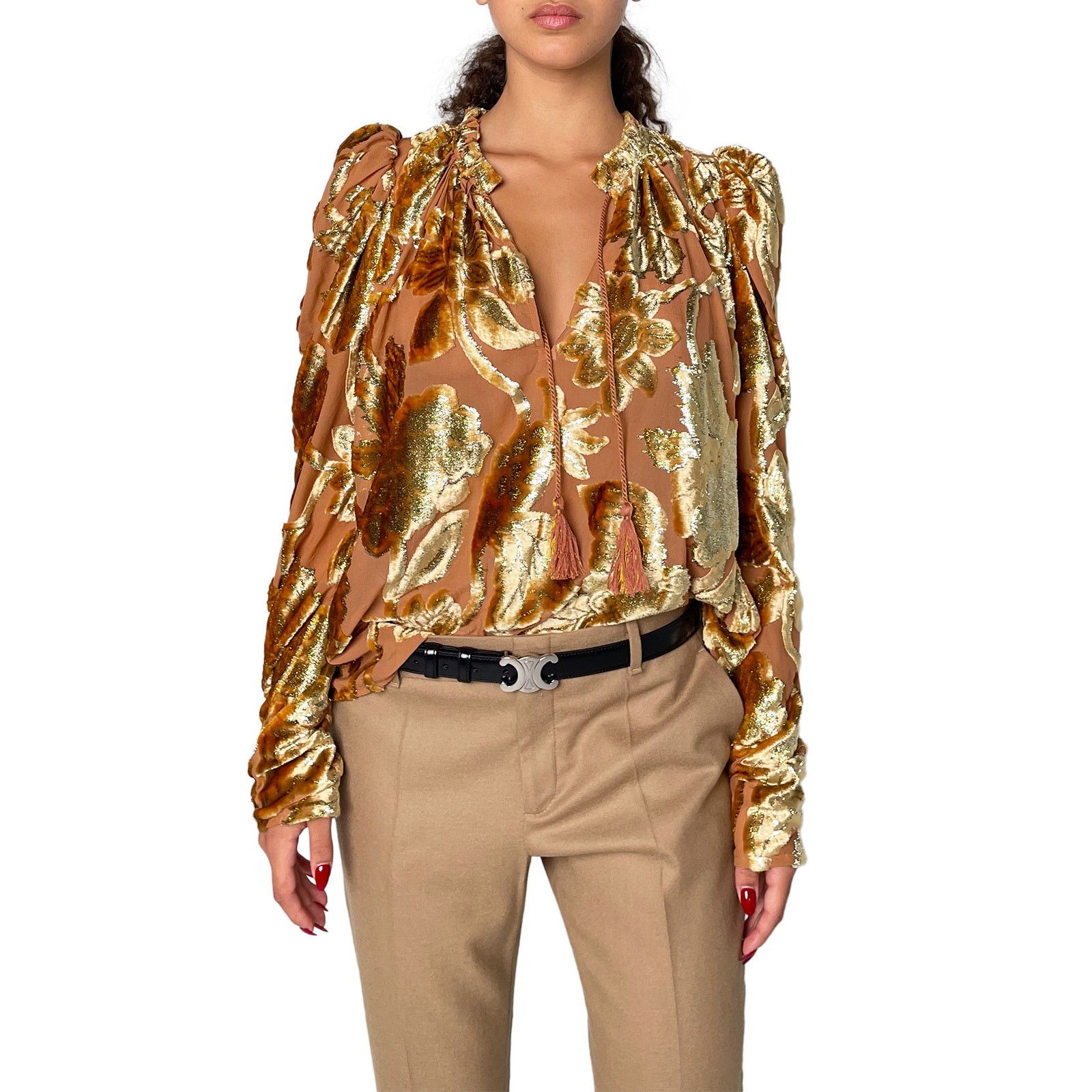 Ulla Johnson Velvet Gold & Pink Blouse with Tie Neck Size M / US 6-8 / IT 42-44 - 1 Thumbnail
