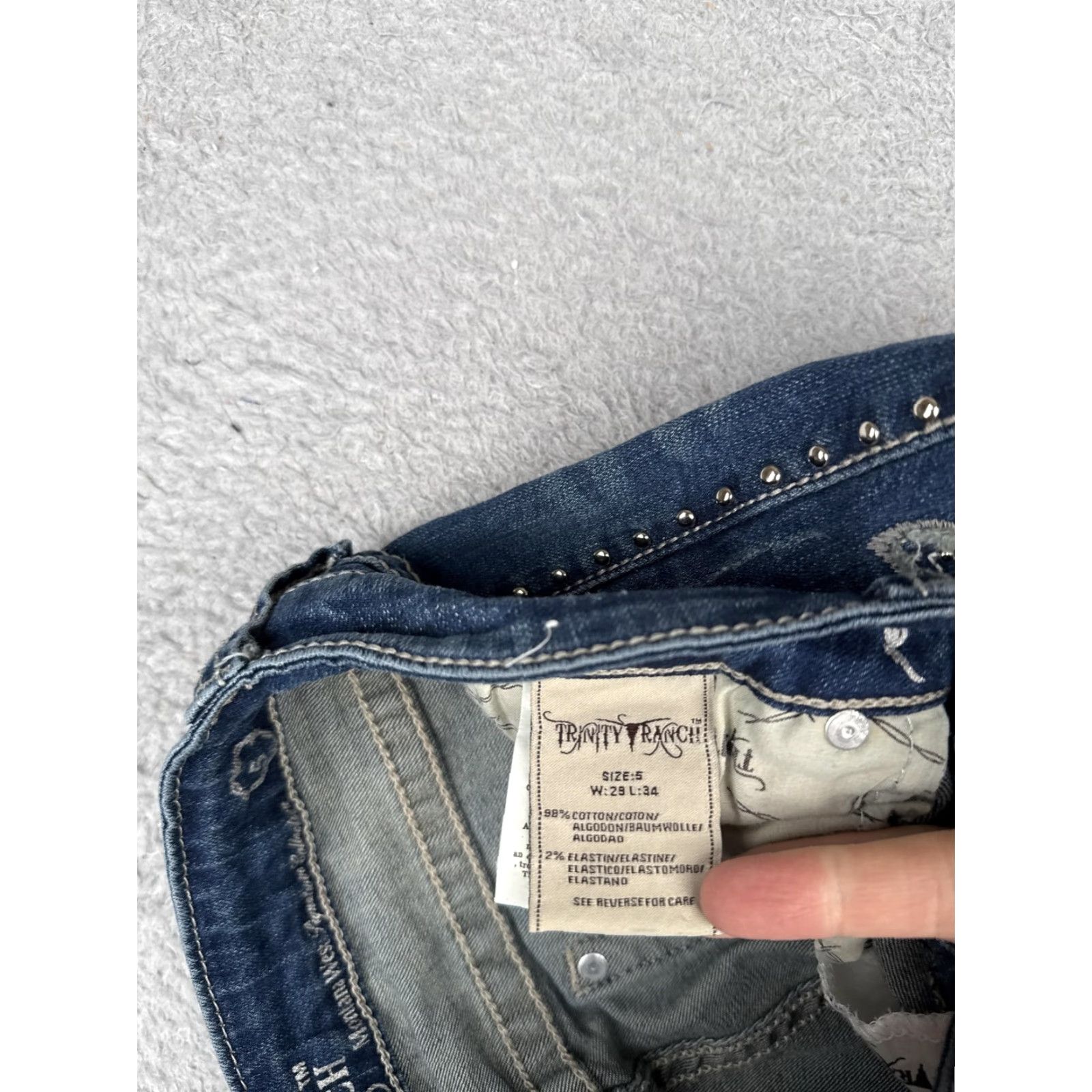 Vintage Trinity Ranch Jeans Bootcut Junior 5 Blue Mid Rise Embroidered Rhinestone Studded Embellished 29x34 Casual Western Cowboy Womens Size 27" / US 4 / IT 40 - 7 Thumbnail