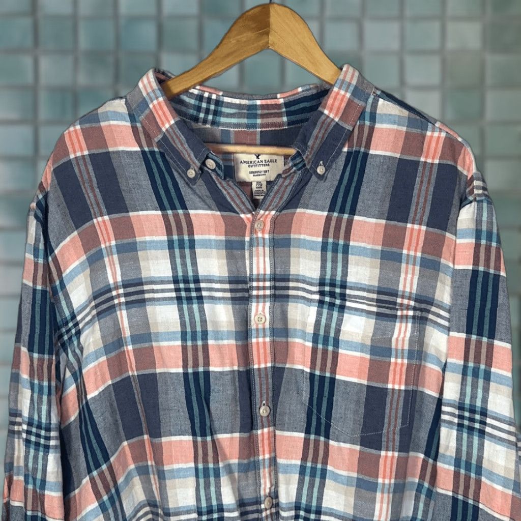 American Eagle Outfitters VINTAGE American Eagle Shirt Plaid Linen Button-Down Men 2XL Blue Orange Long Sleeve Size US XXL / EU 58 / 5 - 1 Thumbnail