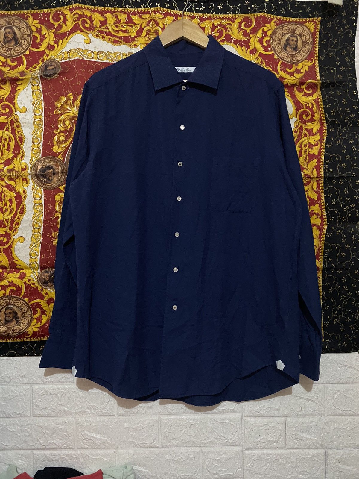 image of Loro Piana Navy Blue Cotton L/s Buttondown Shirt, Men's (Size XL)