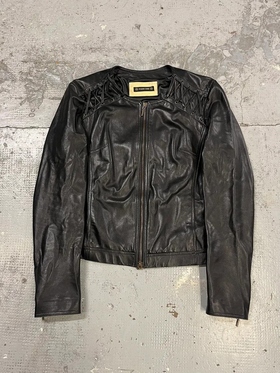 Vintage 2000s Plein Sud Lace Up Biker Black Leather Jacket Size S / US 4 / IT 40 - 1 Thumbnail