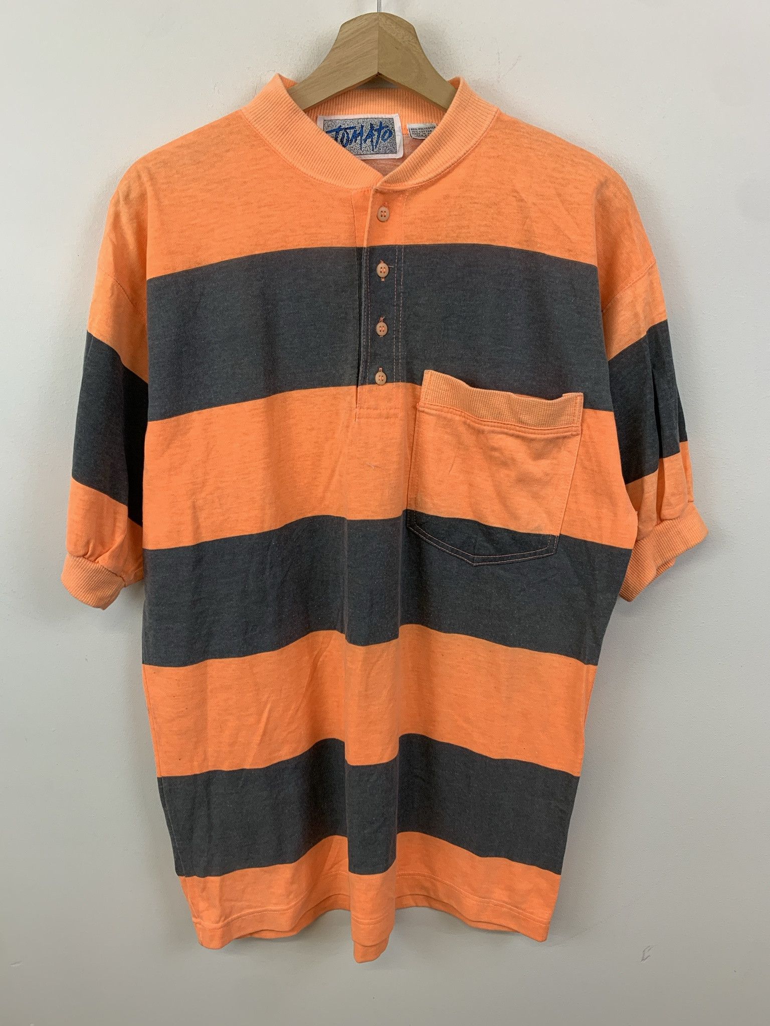 Vintage Vintage 1990s Striped Henley Pocket Tee Striped Tomato 90s Shirt Size L Size US L / EU 52-54 / 3 - 1 Thumbnail