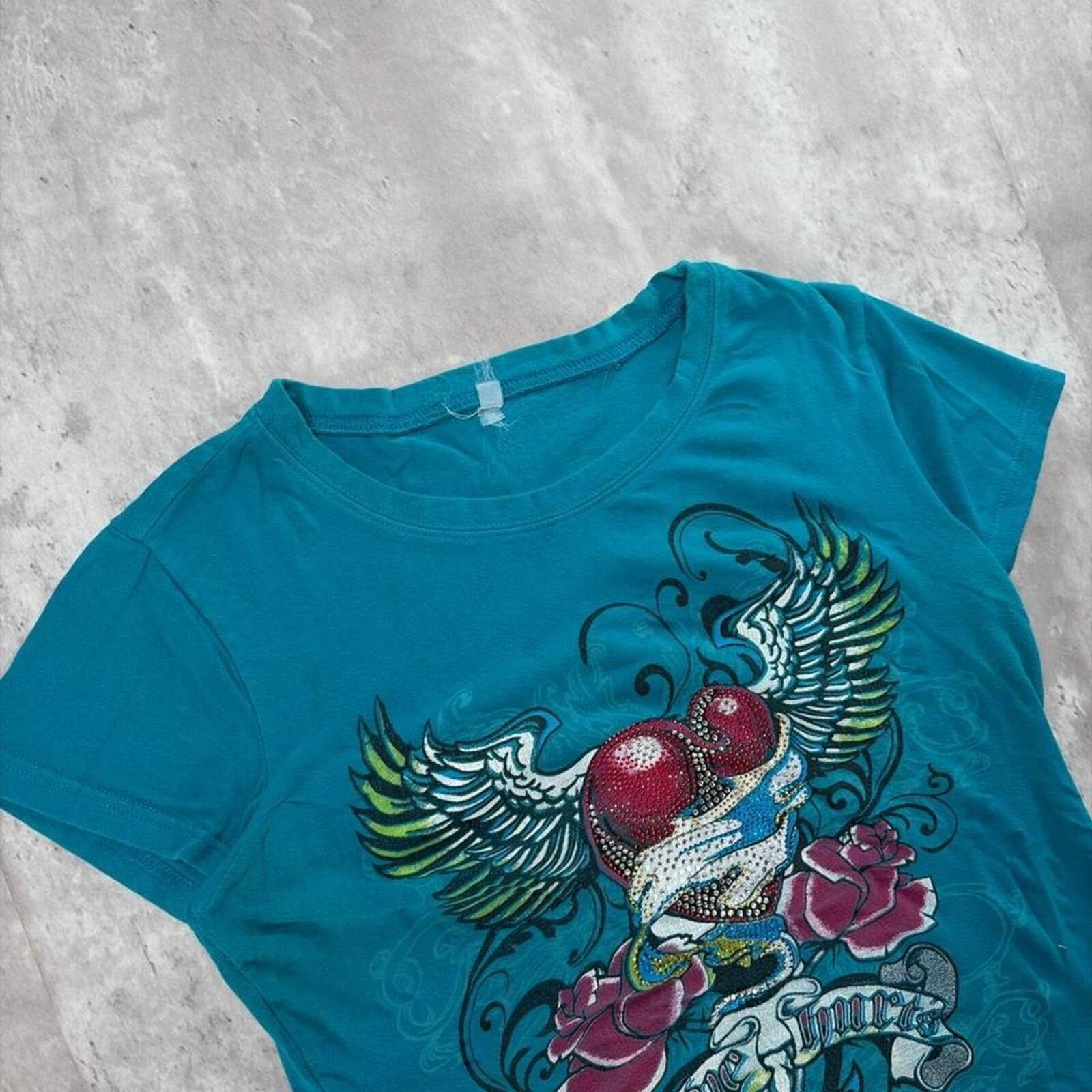 Other Y2K Teal Love Hurts Grunge Gothic Embellished T-Shirt Size M / US 6-8 / IT 42-44 - 5 Thumbnail