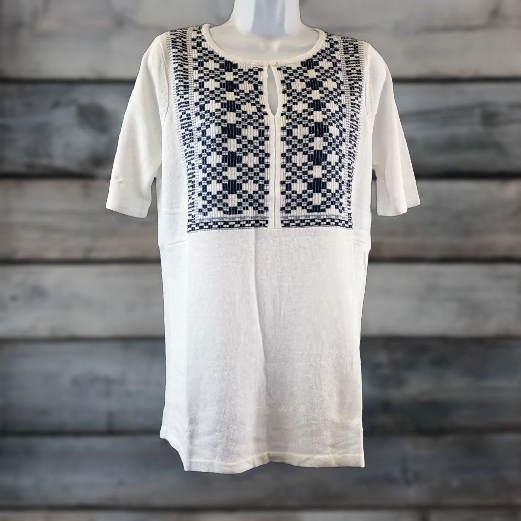 J. Jill J Jill Womens Jacquard Bib Sweater Sz Small Blue White Short Sleeve Linen Blend Ladies Pullover Knit Shirt Size S / US 4 / IT 40 - 1 Thumbnail