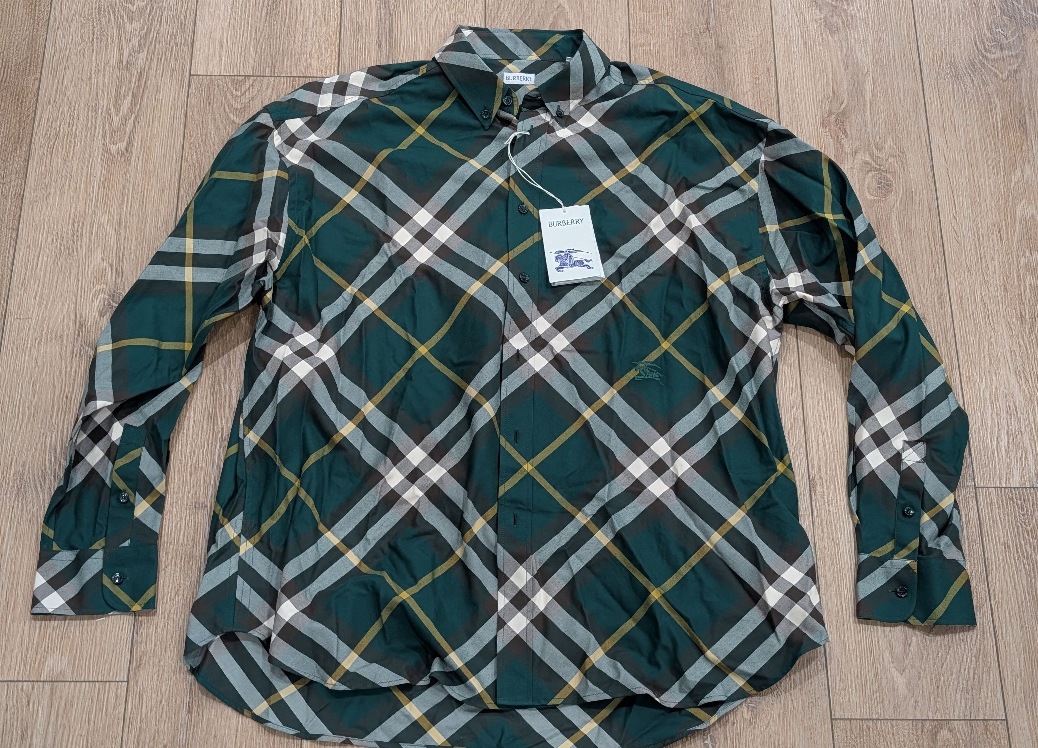 BURBERRY Check Pattern Twill Button Up Shirt Green 2XL