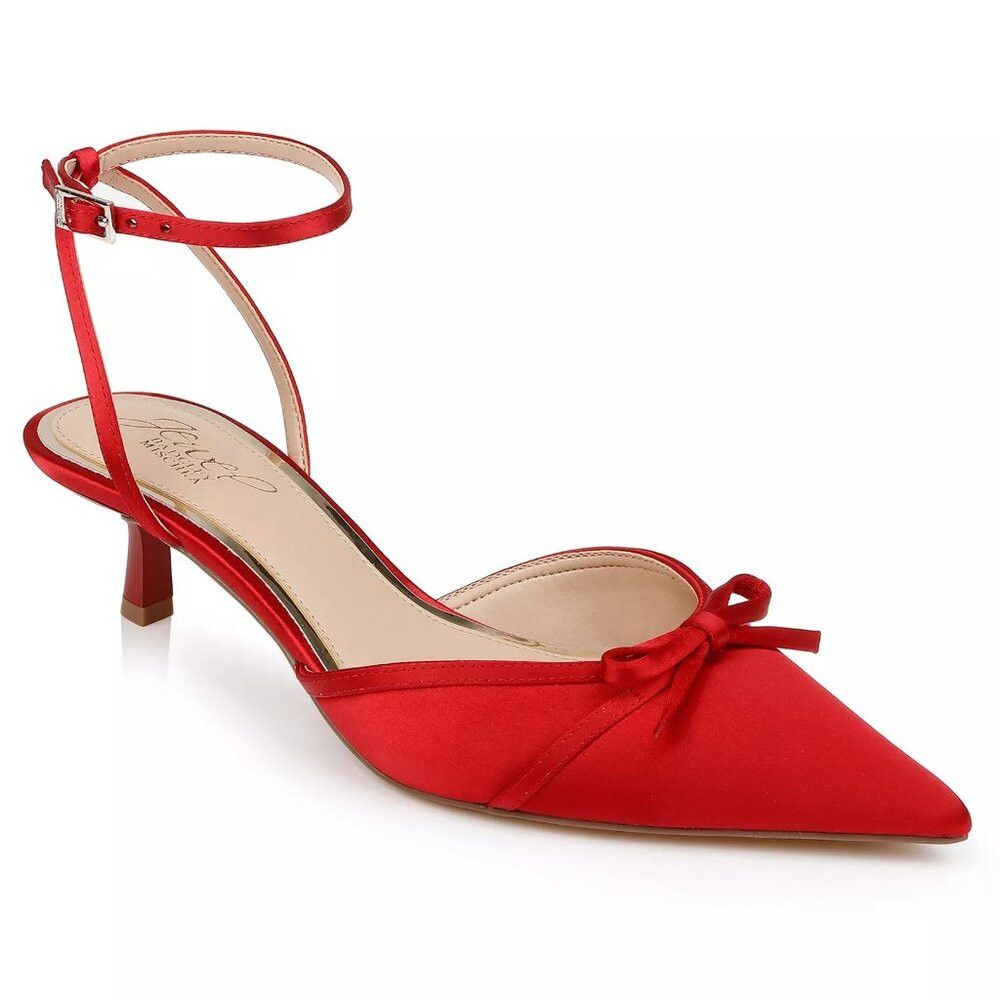Badgley Mischka New Jewel Badgley Mischka Talasia Kitten Heel Red Satin Pum Size US 7 / IT 37 - 1 Thumbnail
