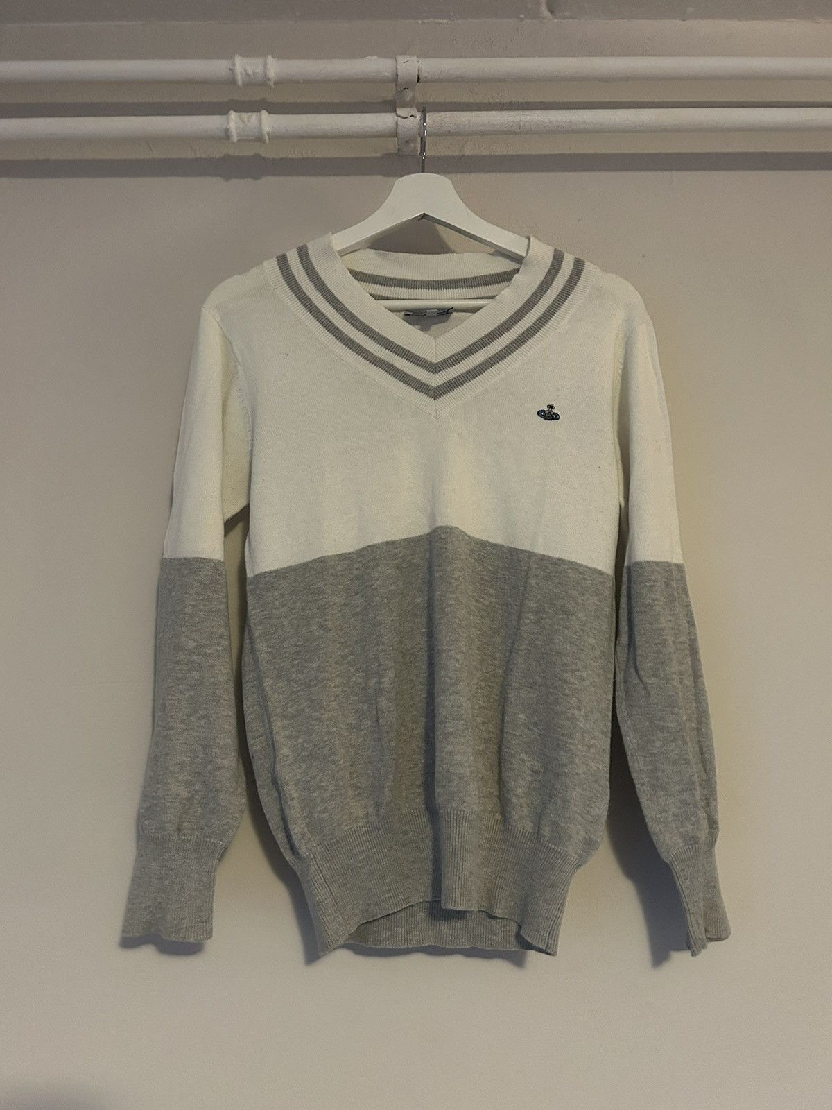 image of Vivienne Westwood V-Neck Sweater in Gray White, Men's (Size Medium)