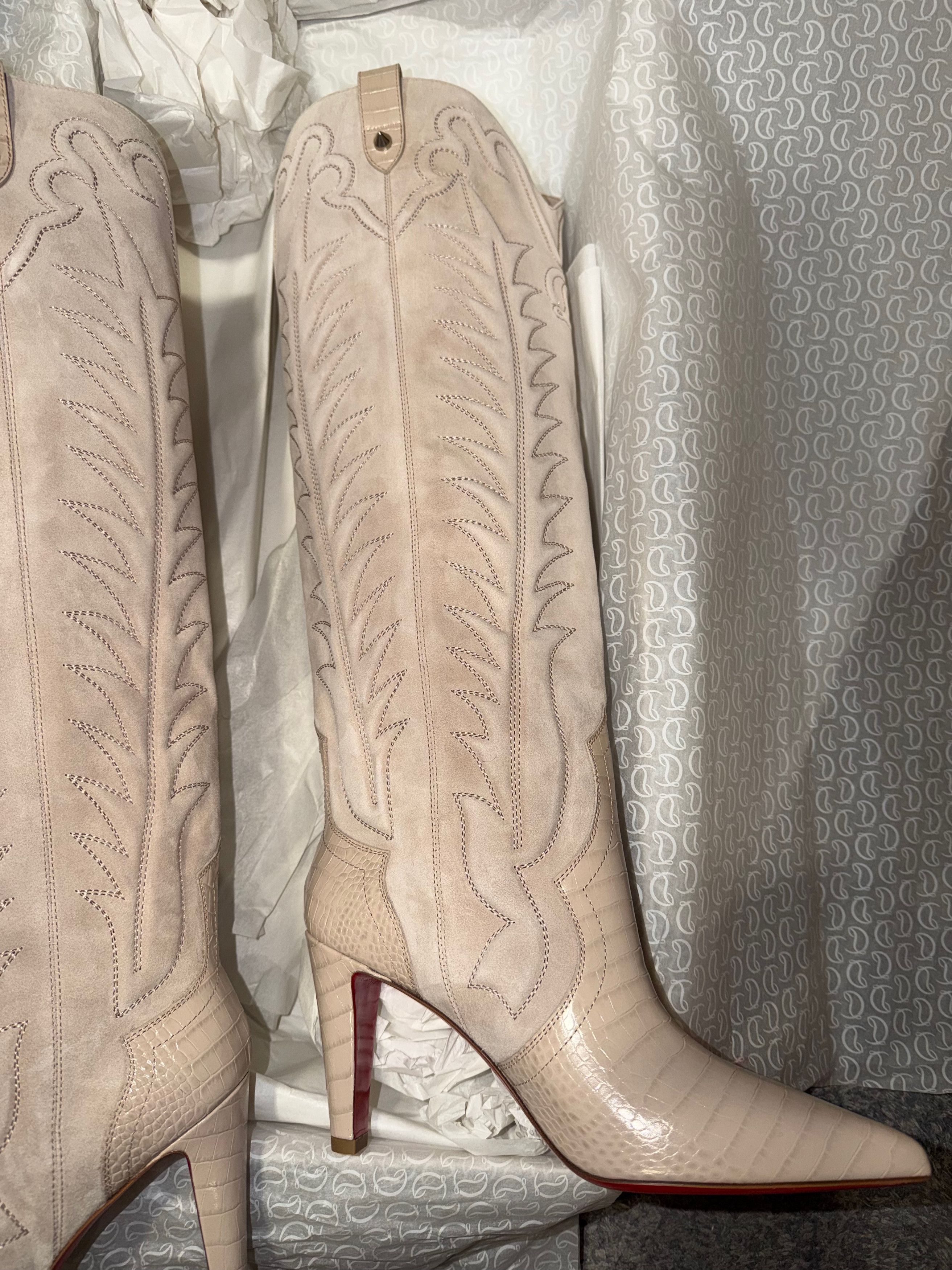 Christian Louboutin Santia Botta 85 Pearl Beige Western Knee High Heel Boot 38 Size US 8 / IT 38 - 7 Thumbnail