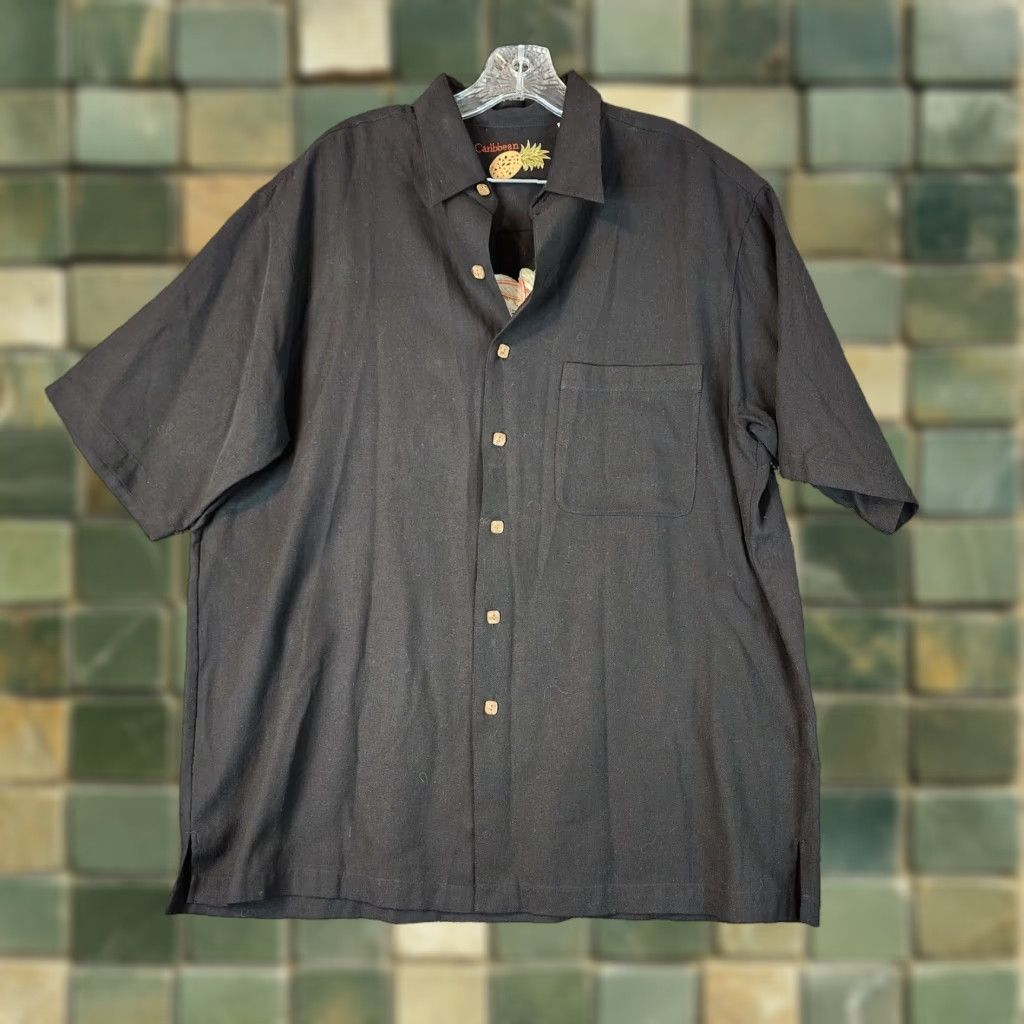 Pinko Caribbean Shirt Men L Silk Black Short Sleeve Pink Flamingo Button Up Mens Size US 33 - 1 Thumbnail