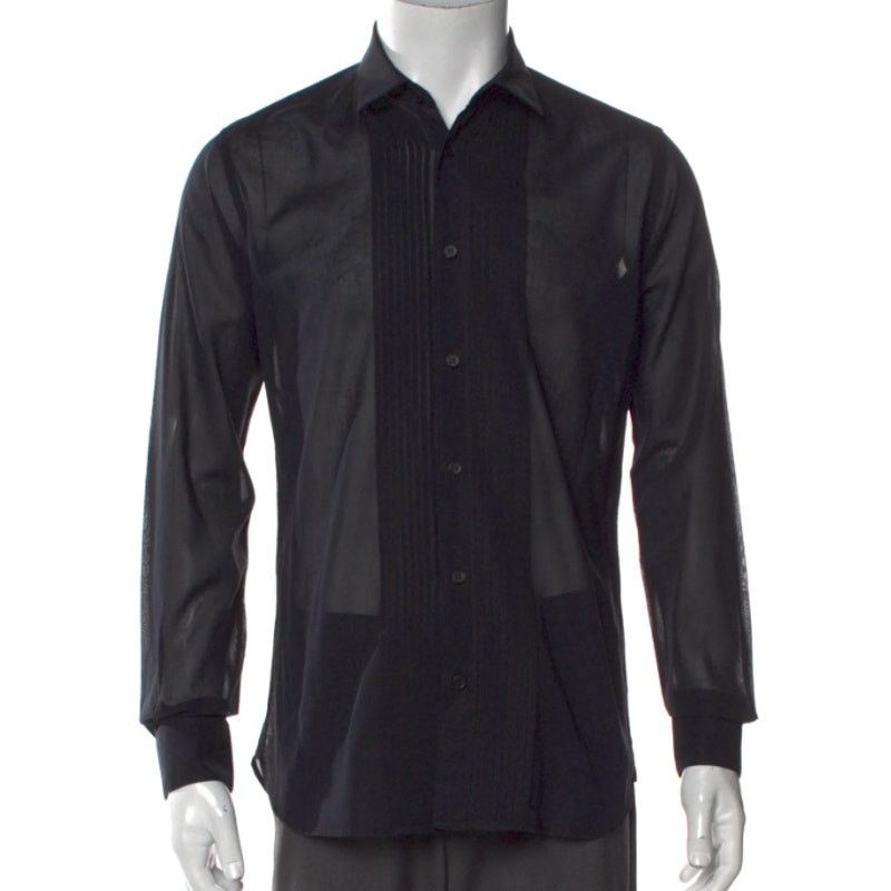 Dries Van Noten Men's Black See-Through Pleated Tuxedo Shirt