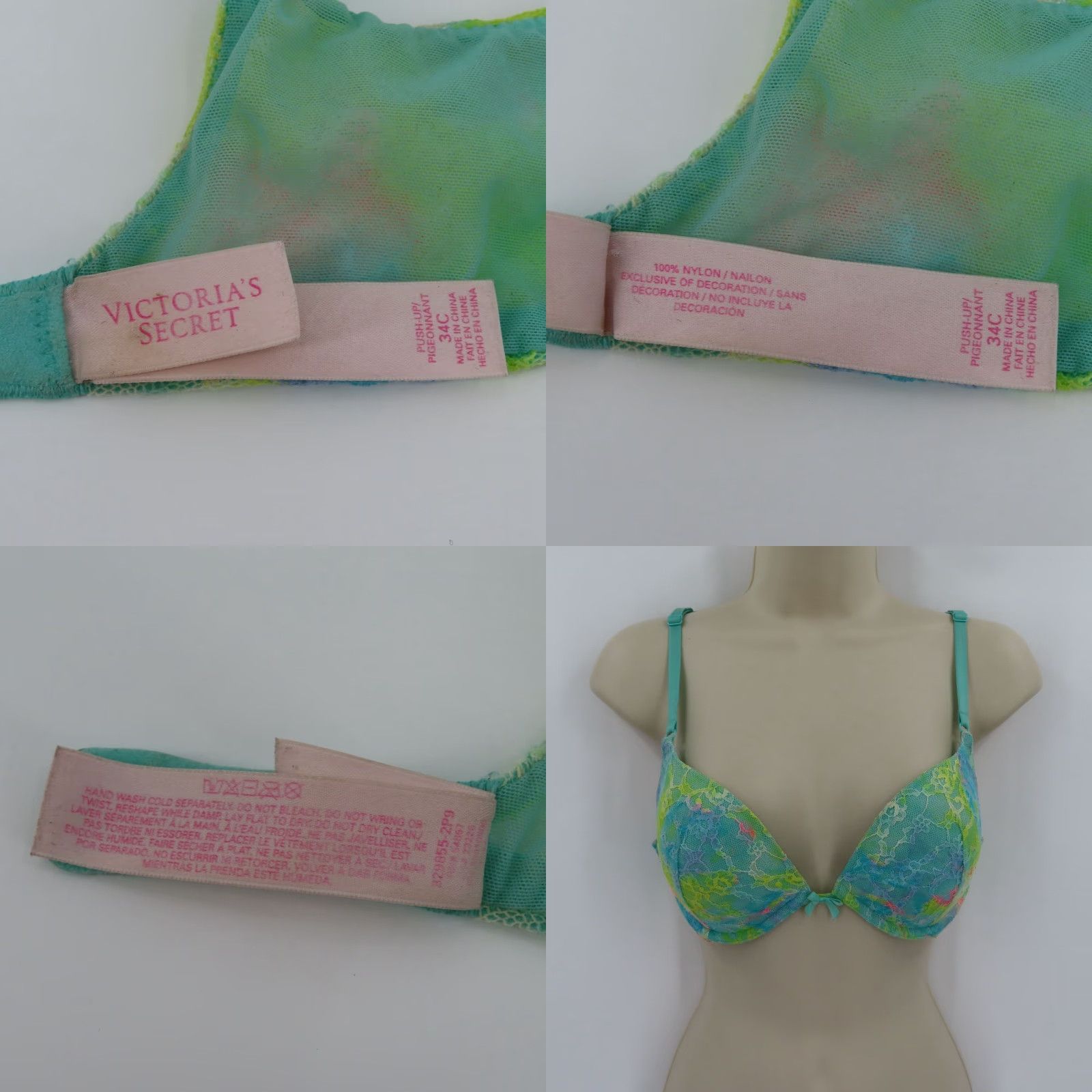 Victoria's Secret V IC TORIA'S SECRET Push Up Bra 34C Multicolor Floral Underwire Padded Lace Women Bra Size ONE SIZE - 9 Thumbnail