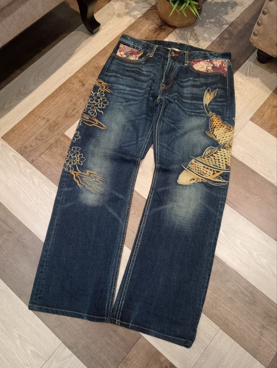 Eternal ETERNAL JAPAN SUKAJAN SUGOI FISH EMBROIDERY BLUE DENIM PANTS Size US 34 / EU 50 - 2 Thumbnail