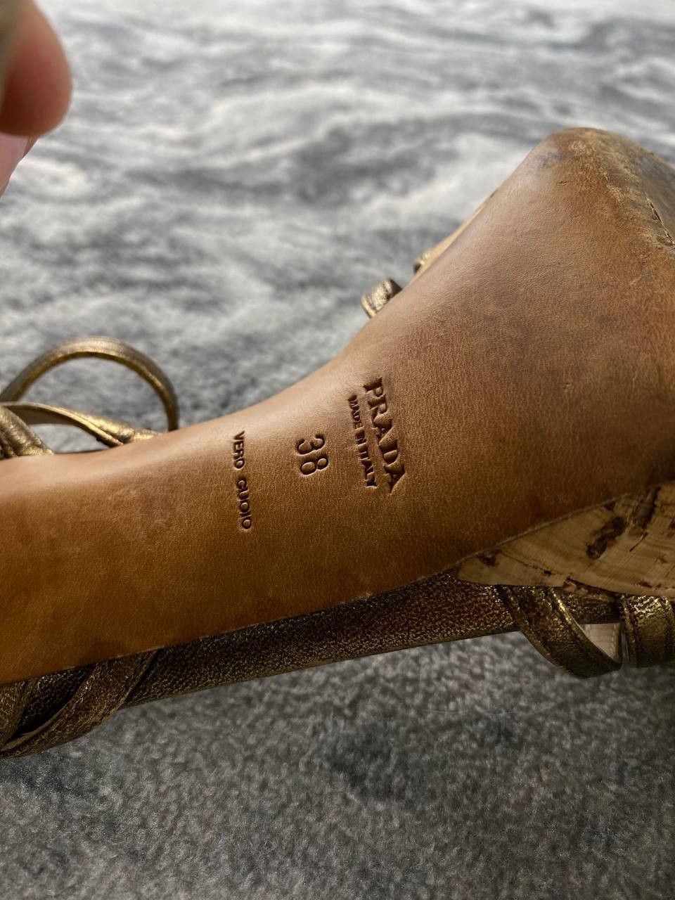 Prada Prada Metallic Gold Ankle Strap Cork Platform Block Heel Size US 8 / IT 38 - 12 Thumbnail