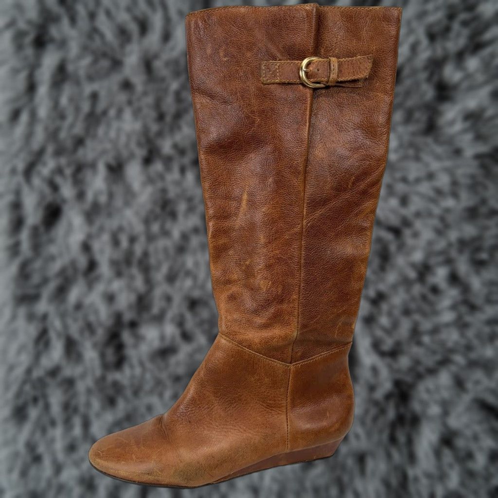 Steven By Steve Madden Intyce Knee High Boots 9.5 M Brown Distressed Leather Wedge Heel Shoes Womens