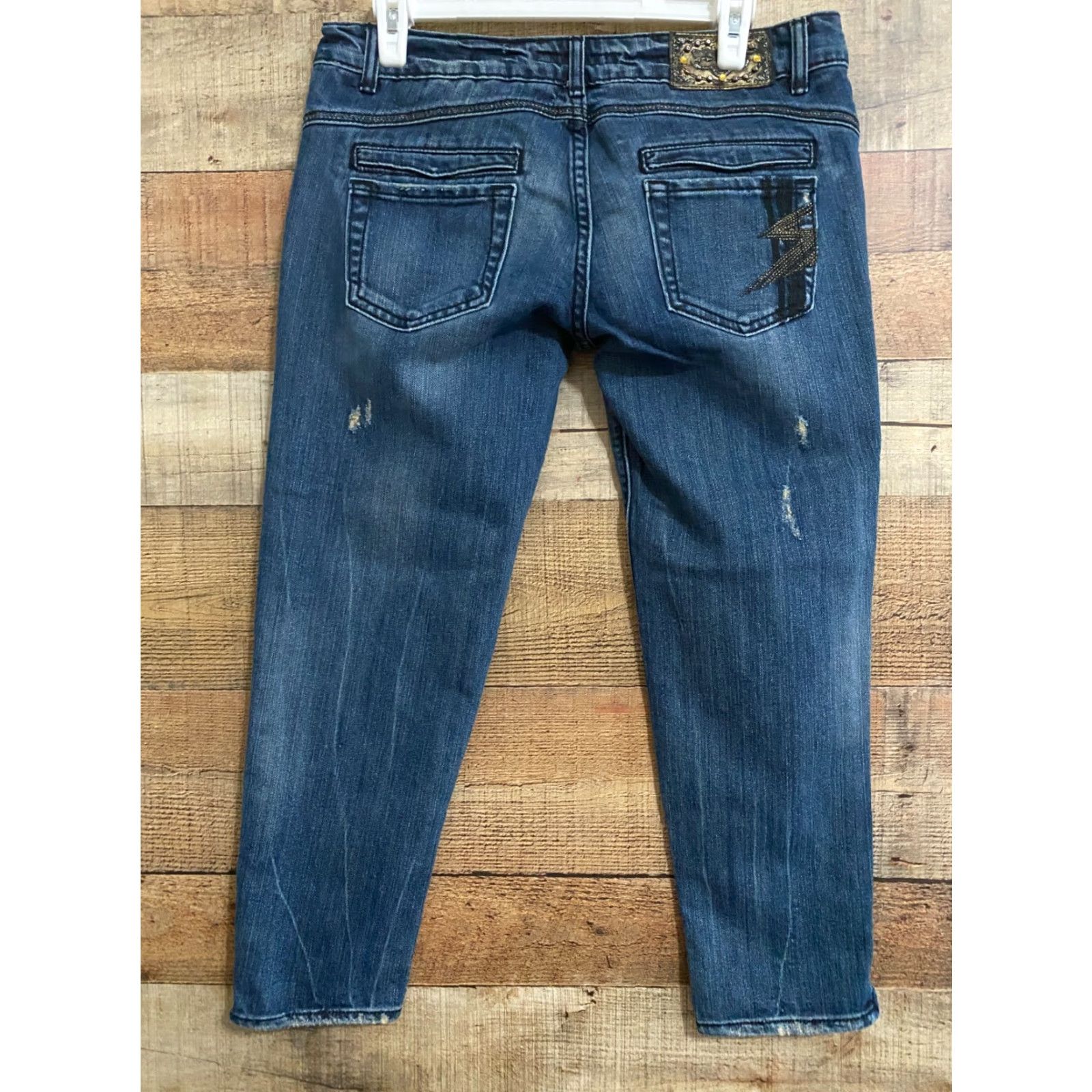 Express Rerock For Express 29 Skinny Crop Jeans Women Dark Wash Denim Regular Zip Low Rise 6.5-8.5in Blue Jeans tapered Size 29" - 4 Thumbnail