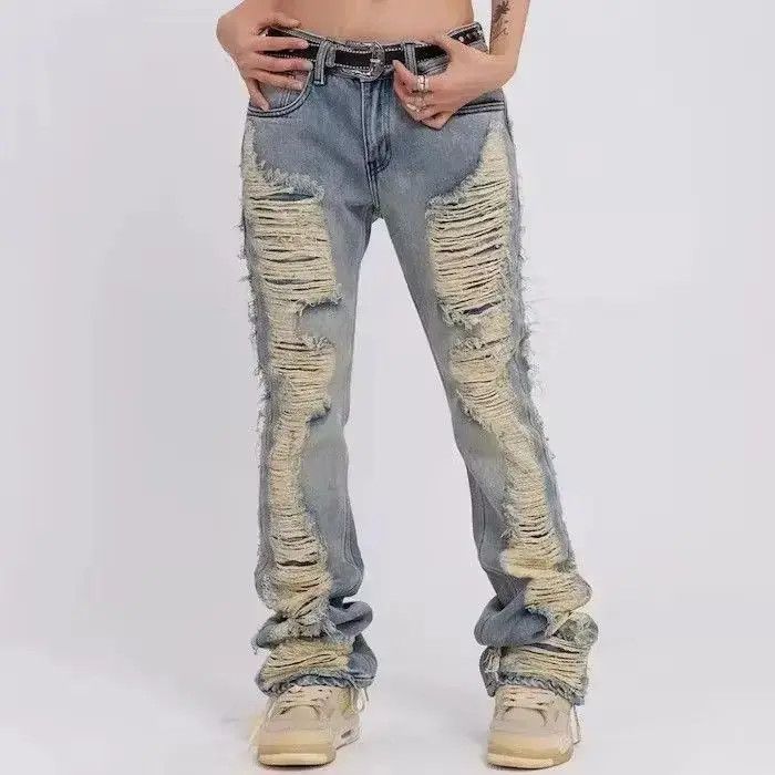Japanese Brand Ripped Frayed Hole Blue Washed Jeans Size US 32 / EU 48 - 6 Thumbnail