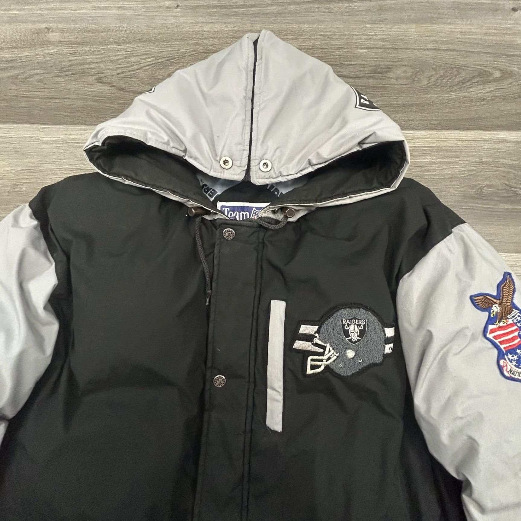 NFL VINTAGE Los Angeles Raiders Jacket Mens L NFL Triple FAT Goose Puffer 90s Parka Coat Black Full Zip Insulated Limited Edition 90s USA Mens Size US L / EU 52-54 / 3 - 5 Thumbnail