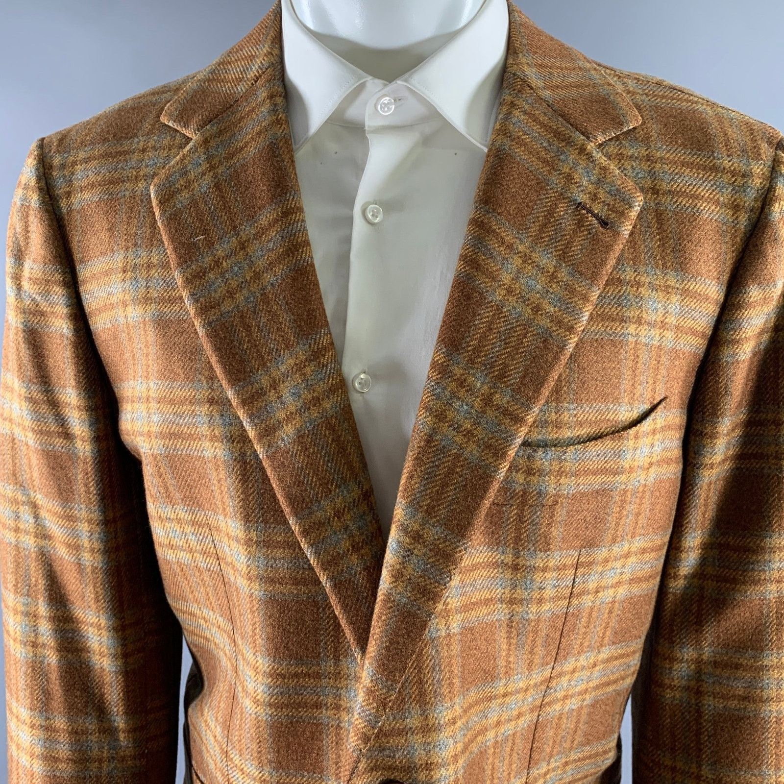 Other BORRELLI Brown Camel Plaid Cashmere Notch Lapel Sport Coat Size 44R - 2 Thumbnail