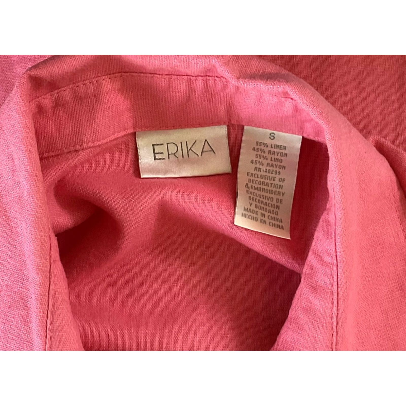 Vintage ERiKa Linen Top S Coral Embroidered Pockets ButtonUp Beaded Cottage Classic Shirt Womens XS? Size S / US 4 / IT 40 - 4 Thumbnail