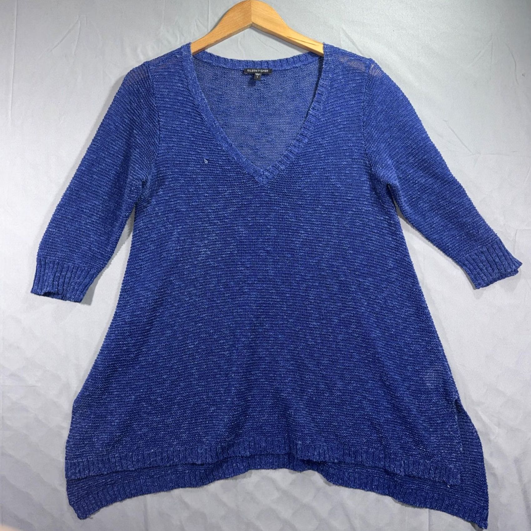 Eileen Fisher VINTAGE Eileen Fisher Sweater Womens Small Blue Knit Tunic V Neck 3/4 Sleeve High Low Size S / US 4 / IT 40 - 2 Thumbnail