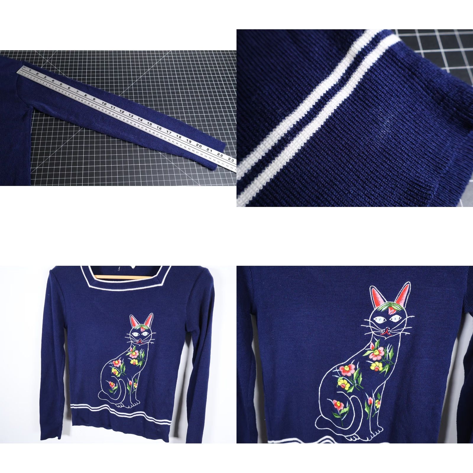 Vintage VINTAGE Leroy Knitwear Cat Embroidery Sweater Women XS Dark Blue Acrylic Knit Floral VTG Size S / US 4 / IT 40 - 8 Thumbnail