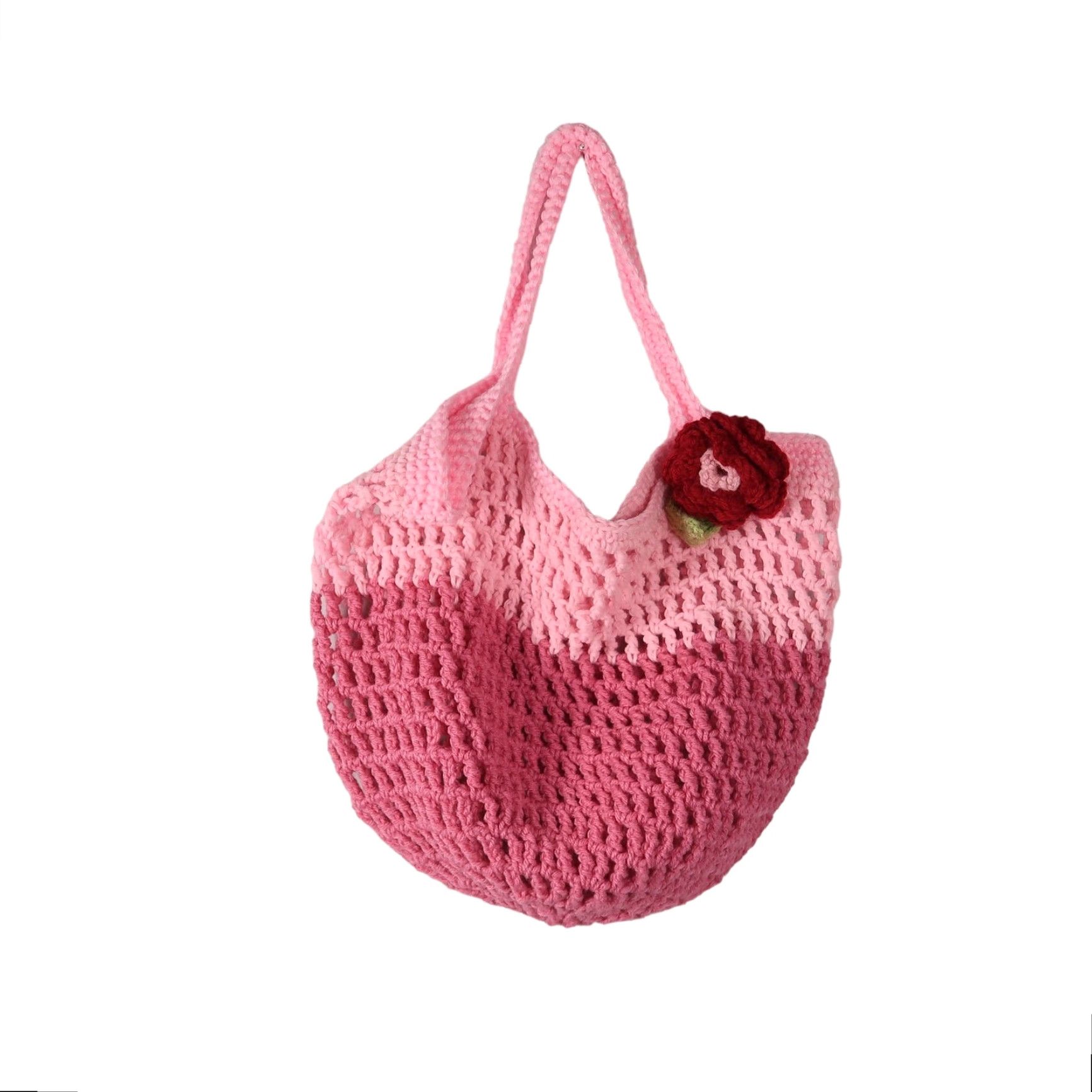 Pinko VINTAGE Pink open knit crochet handbag tote purse Womens Tote 15" across 10" height Rosette detail Handmade Casual Pink Ladies bag Size ONE SIZE - 2 Thumbnail