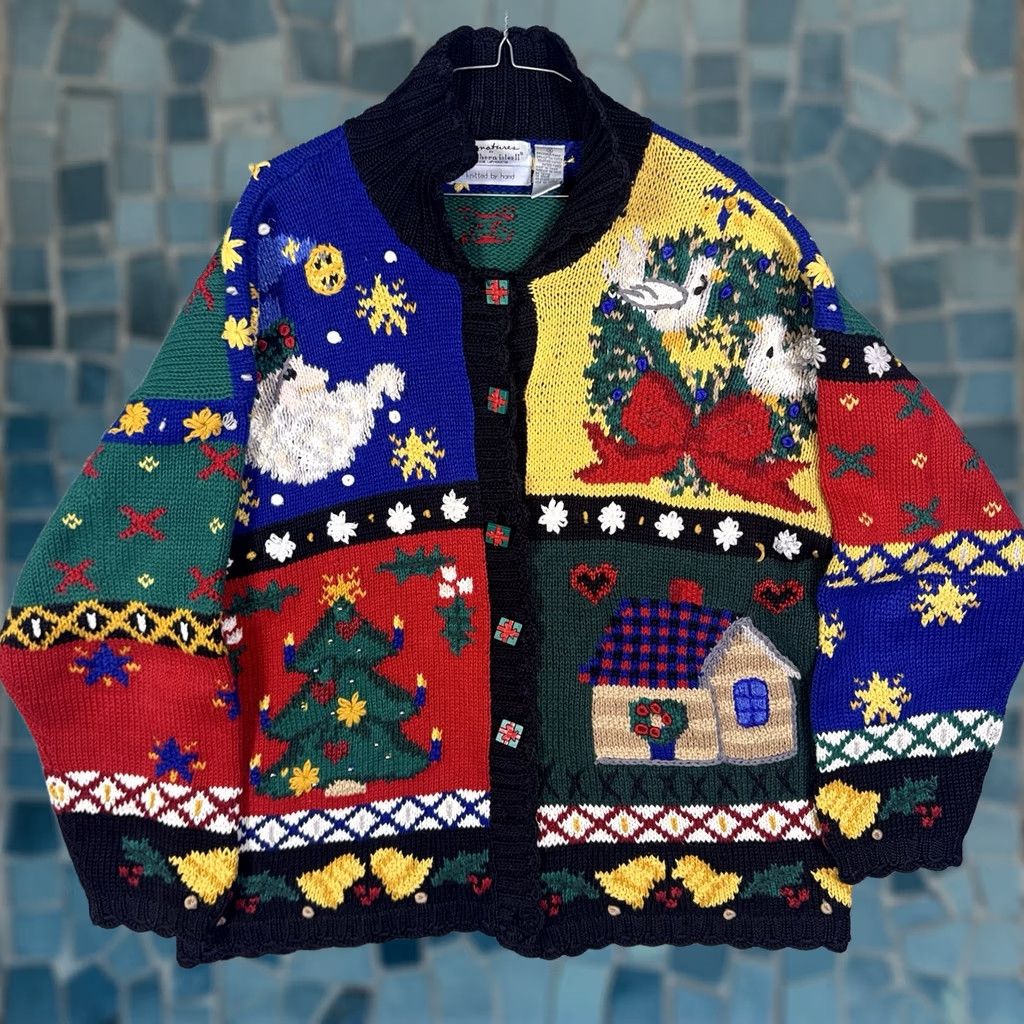 Vintage VINTAGE Signatures Northern Isles Christmas Sweater Women 1X HandKnit Cardigan Patchwork Floral Rose Size XL / US 12-14 / IT 48-50 - 1 Thumbnail